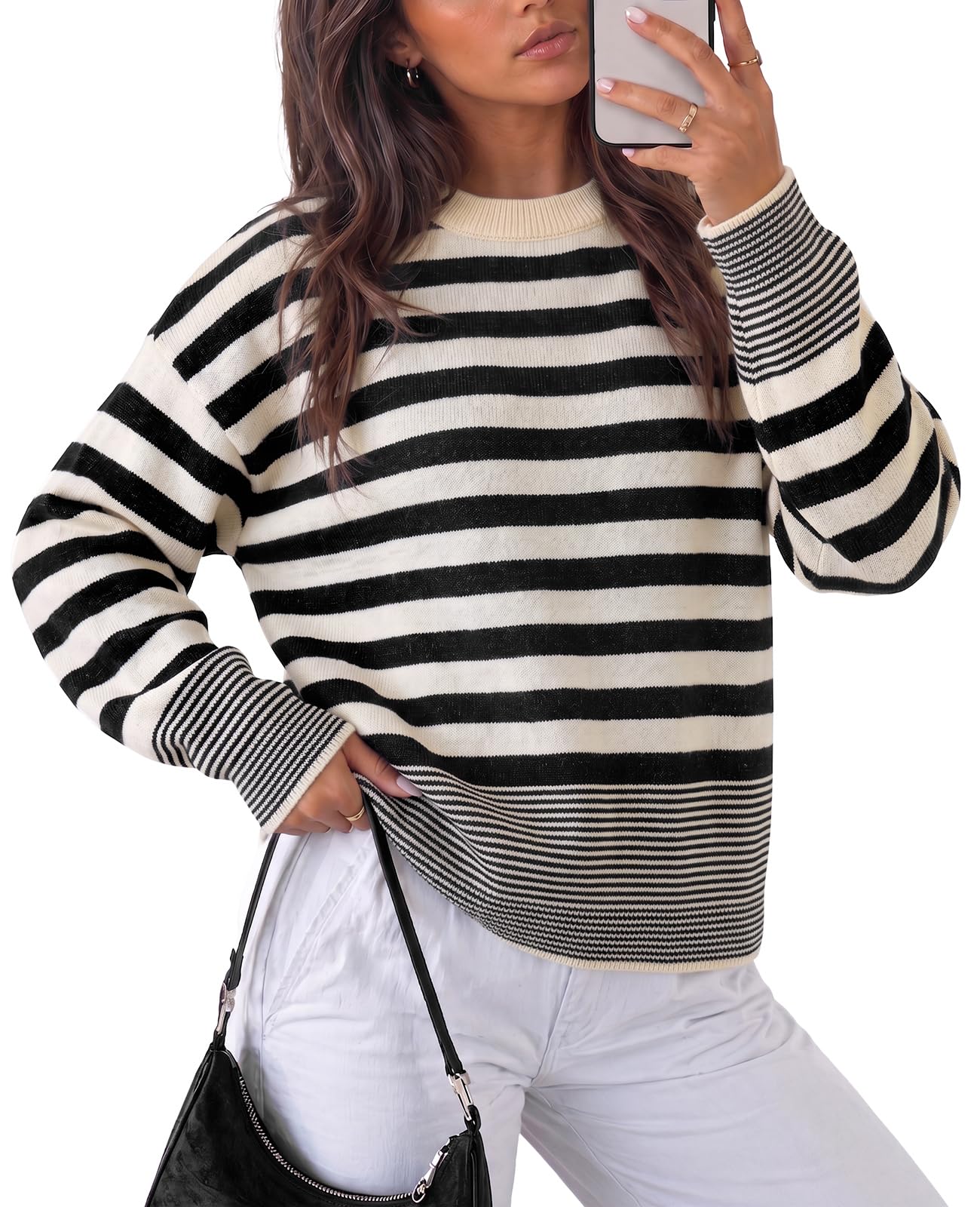 Womens Sweater Striped Pullover Fall Loose Fit Knit Casual Tops