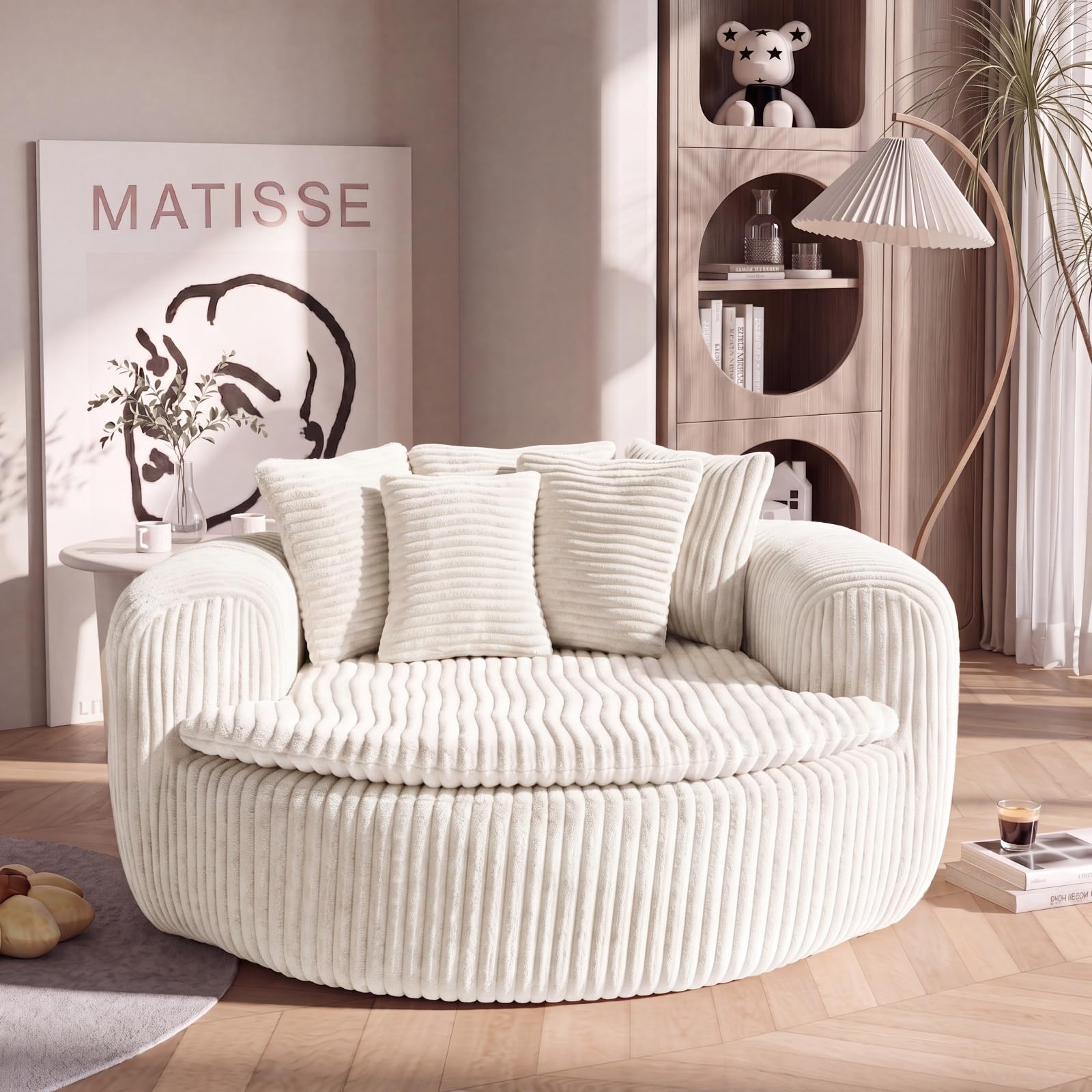 Sweiko Żebrowana okrągła aksamitna sofa z podłokietnikami i 5 poduszkami