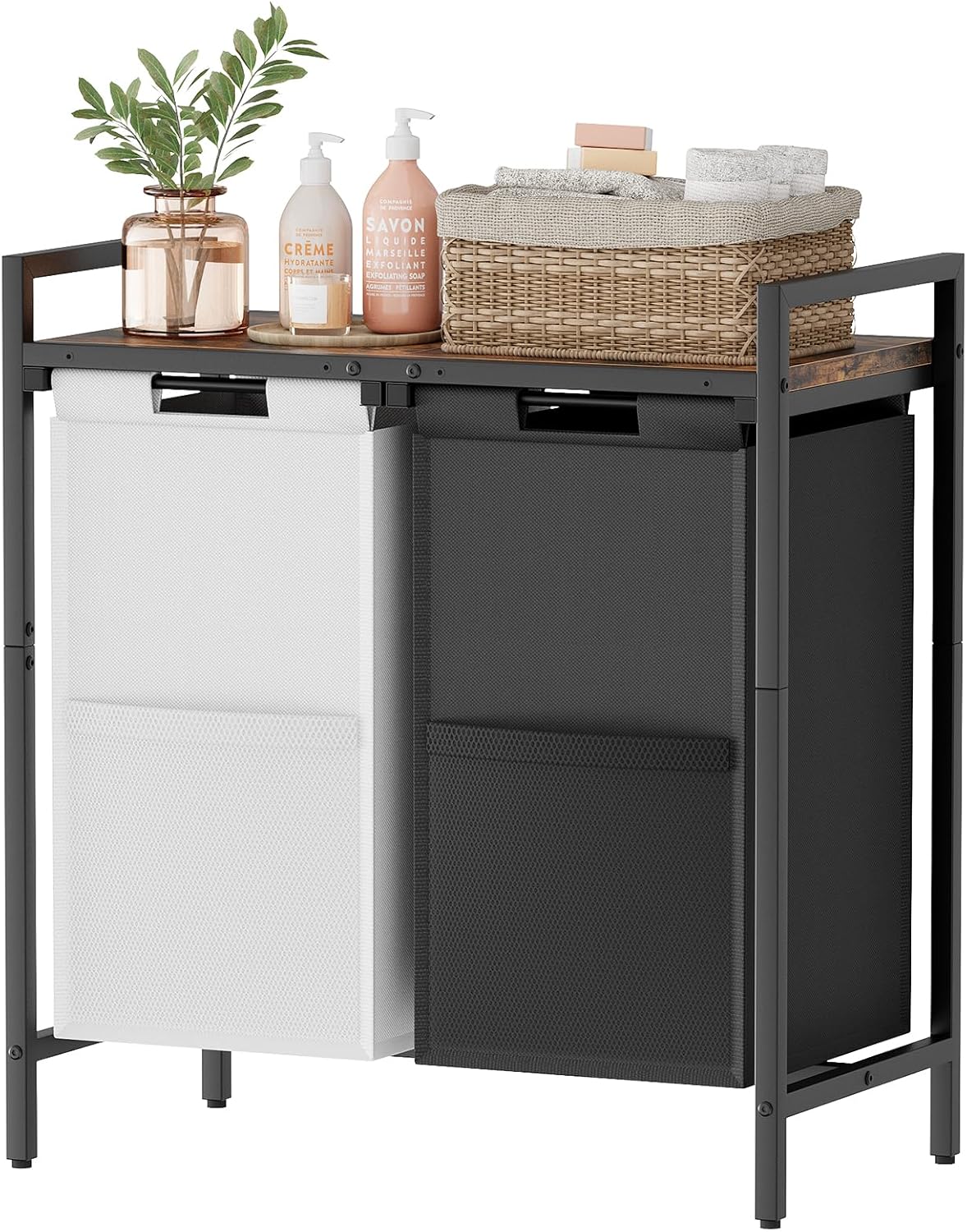 Laundry Basket 2 Compartments, Double Laundry Hamper,Laundry Sorter with Shelf and 2 Pull-Out Removable Bags, Laundry Bin,Large Washing Basket for Laundry Room, Bedroom, Bathroom,Black+White