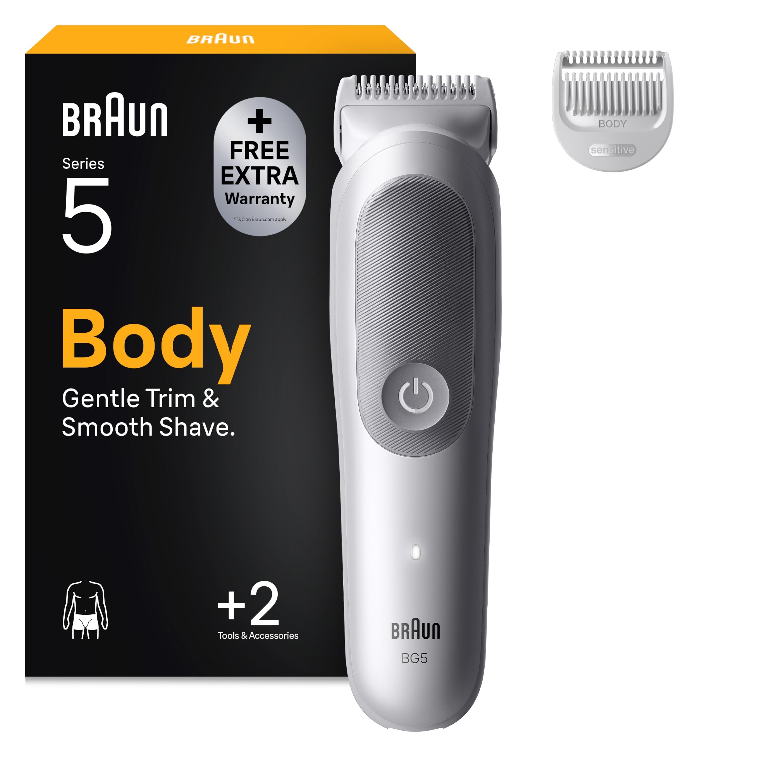 Braun Bodygroomer Series 5, Kabelloser Körperrasierer Herren, BG5500, Grau | Trimmer für Intimbereich Und Körper, Körperhaartrimmer mit 100 Min. Akku, Wasserdicht, Inkl. 2 Zubehörteile
