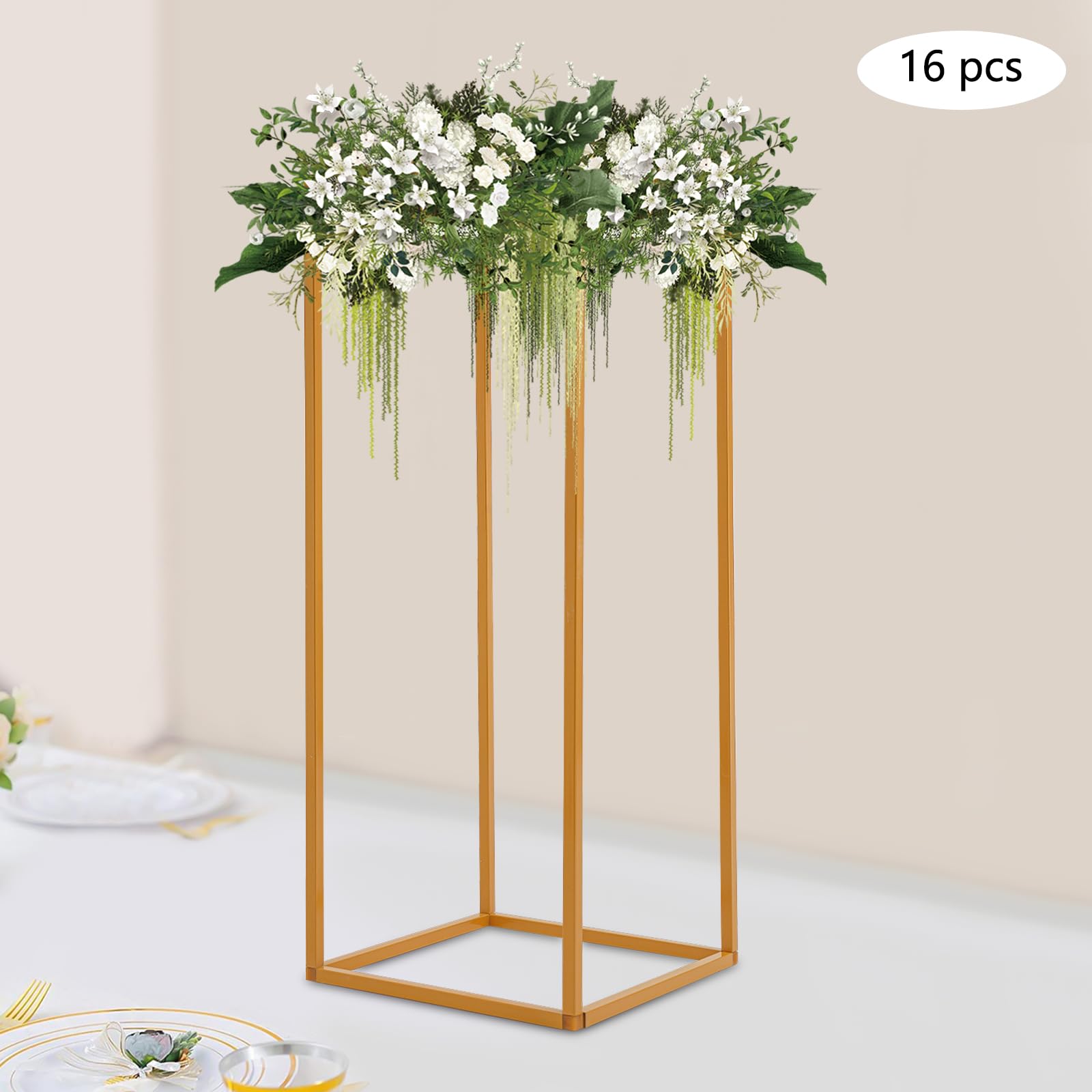16 jarrones dorados de flores, centro de mesa de 23.6 pulgadas, soporte geométrico de pilar de decoración de mesa, juego de soporte de flores de columna de metal para boda, estante geométrico