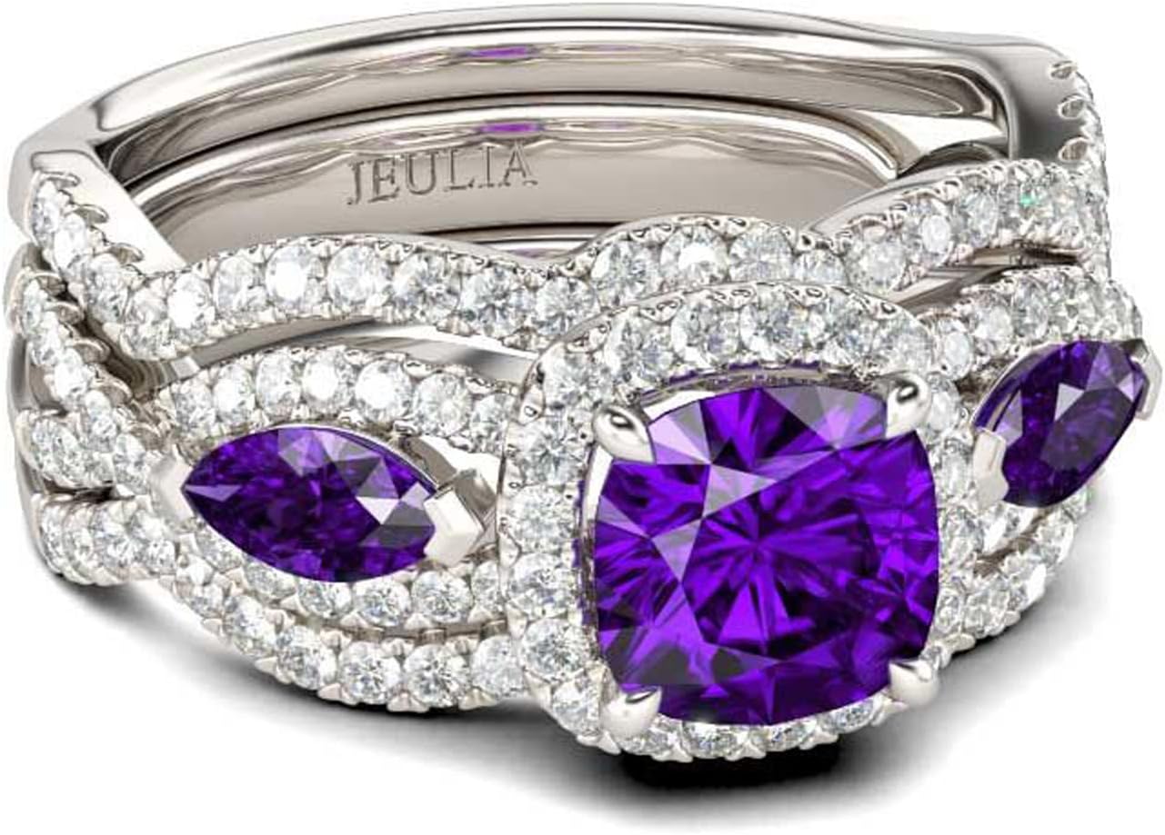 Jeulia Diamond Three Stone Wedding Ring:Sterling Silver Halo Cushion Cut 3PC Purple Amethyst Promise Band Anniversary Crystal Bridal Set with Jewelry Gift Box