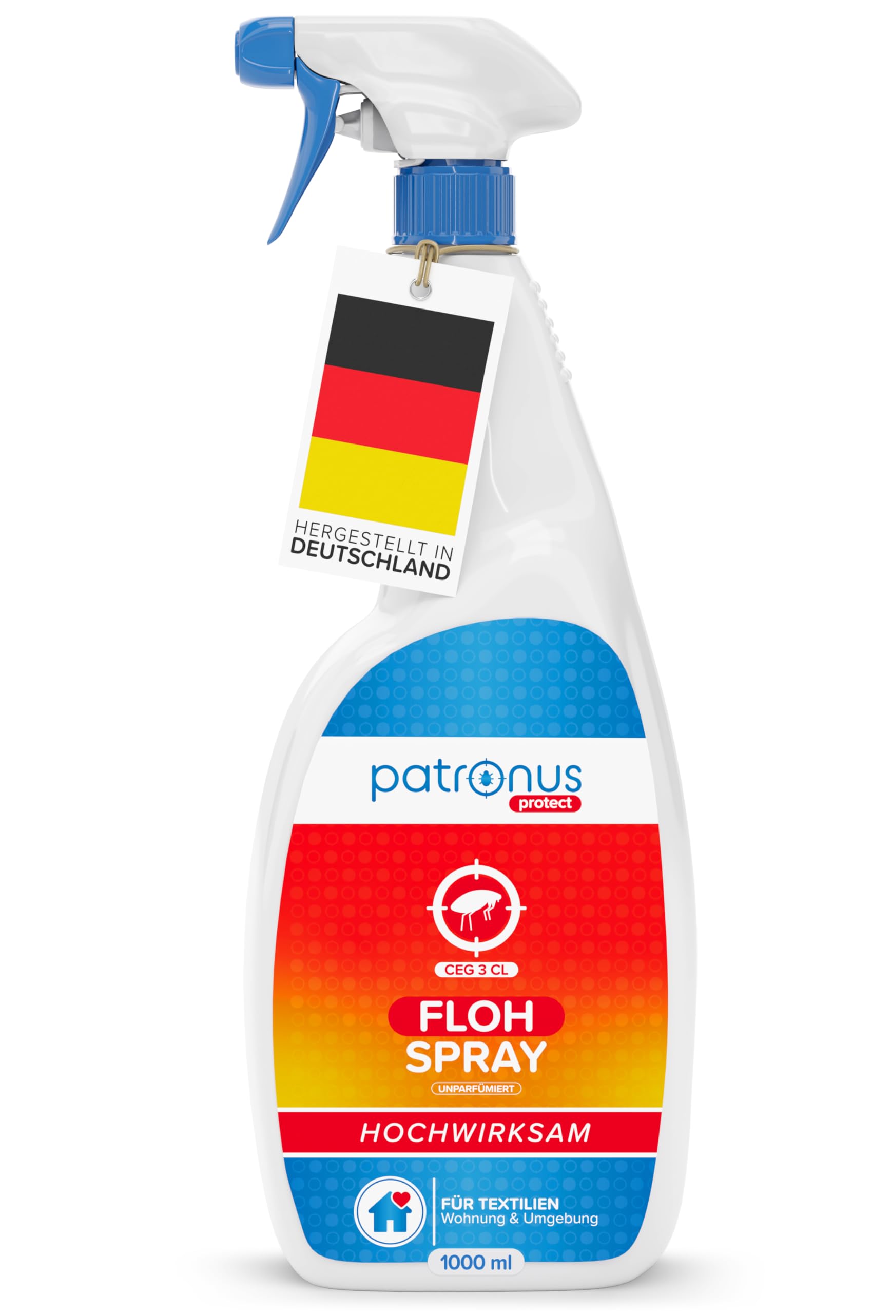 Patronus Floh-Spray für Wohnung & Umgebung 1000 ml - effektives Abwehr-Mittel gegen Flöhe mit Sofortschutz - hochwirksam & laborgeprüft - unparfümiert