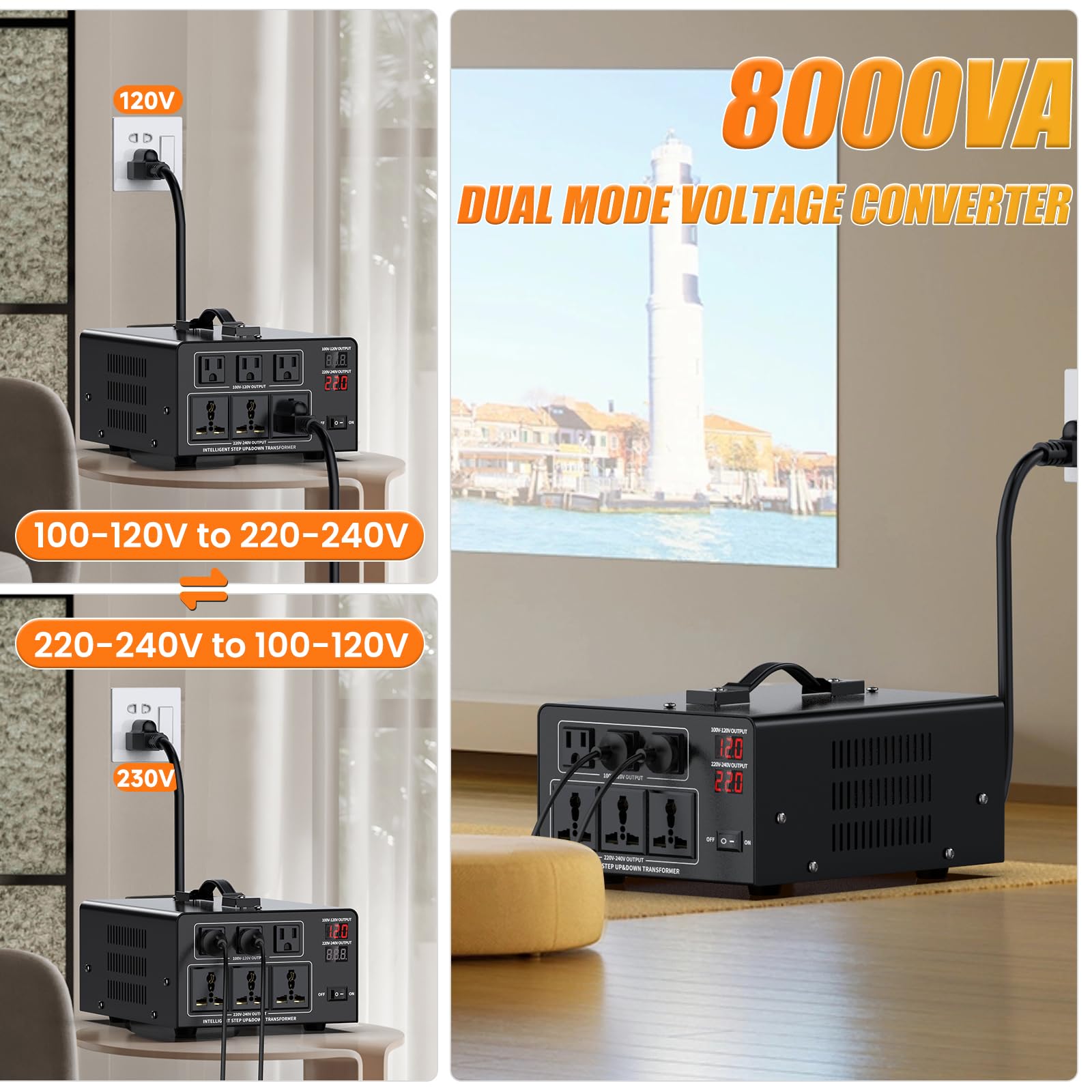 Convertidor de voltaje de 8000 W, transformador de 110 V/120 V a 220 V/240 V o reductor de 220 V a 110 V CA, protección de disyuntor, 3 enchufes de EE. UU., 3 enchufes universales, pantalla LCD
