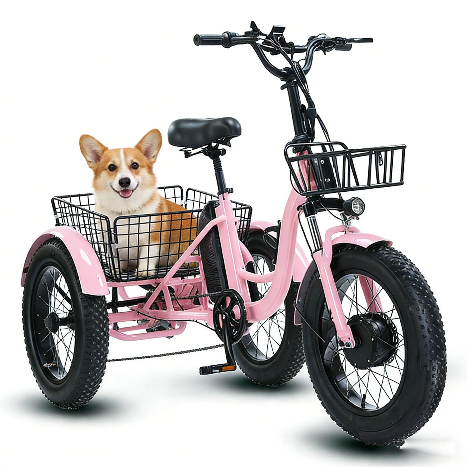 Tricycle électrique Adulte à Assistance électrique, pneus Tout-Terrain Larges 20 x 4, 2 paniers de Rangement, Selle réglable, Confort Optimal, Charge maximale 200 kg, vélo électrique à 3 Roues, Rose