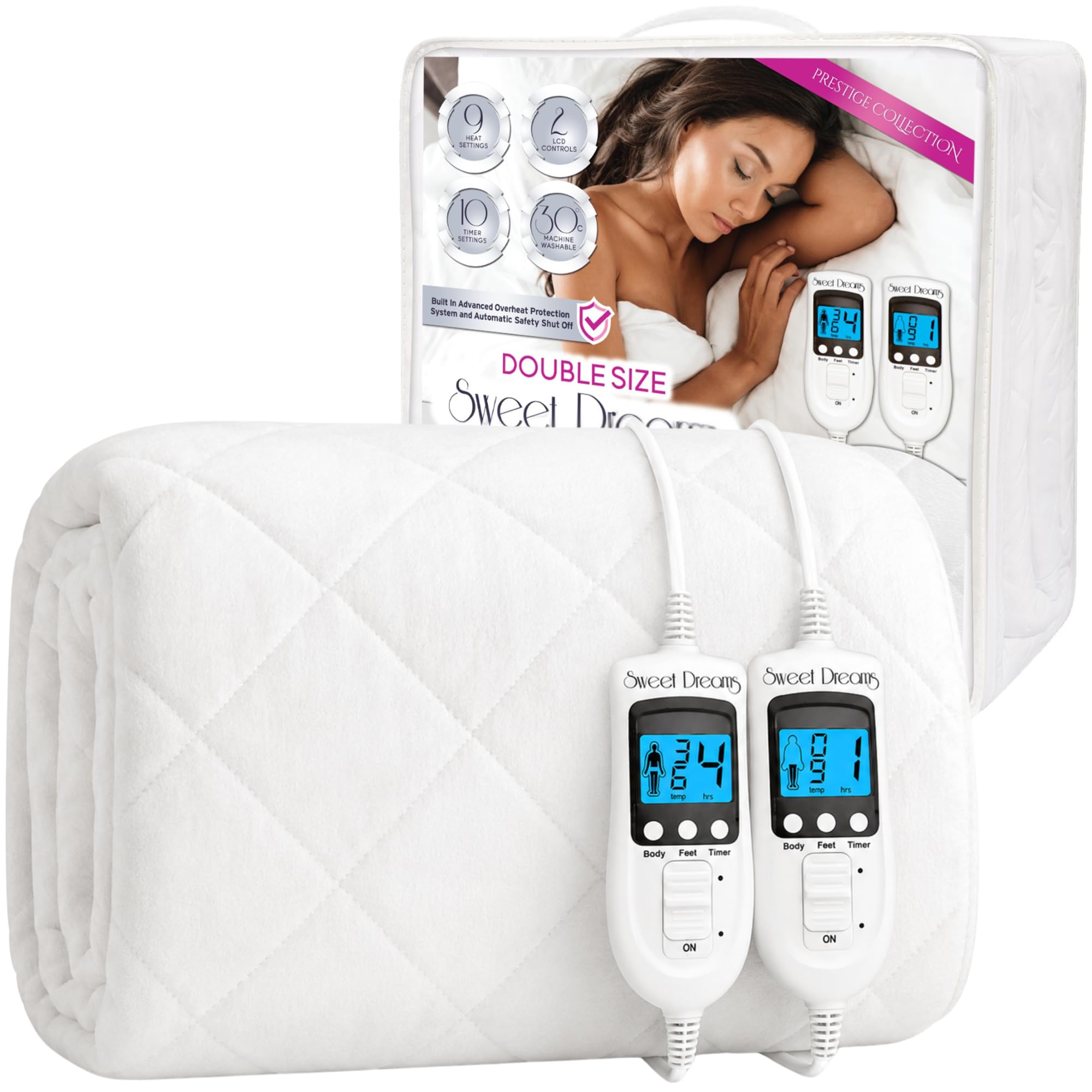 Sweet Dreams Double Quilted Blanket - 193 x 137cm - Premium Soft Fabric - Elasticated Skirt - Dual Controls - 9 Heat Settings