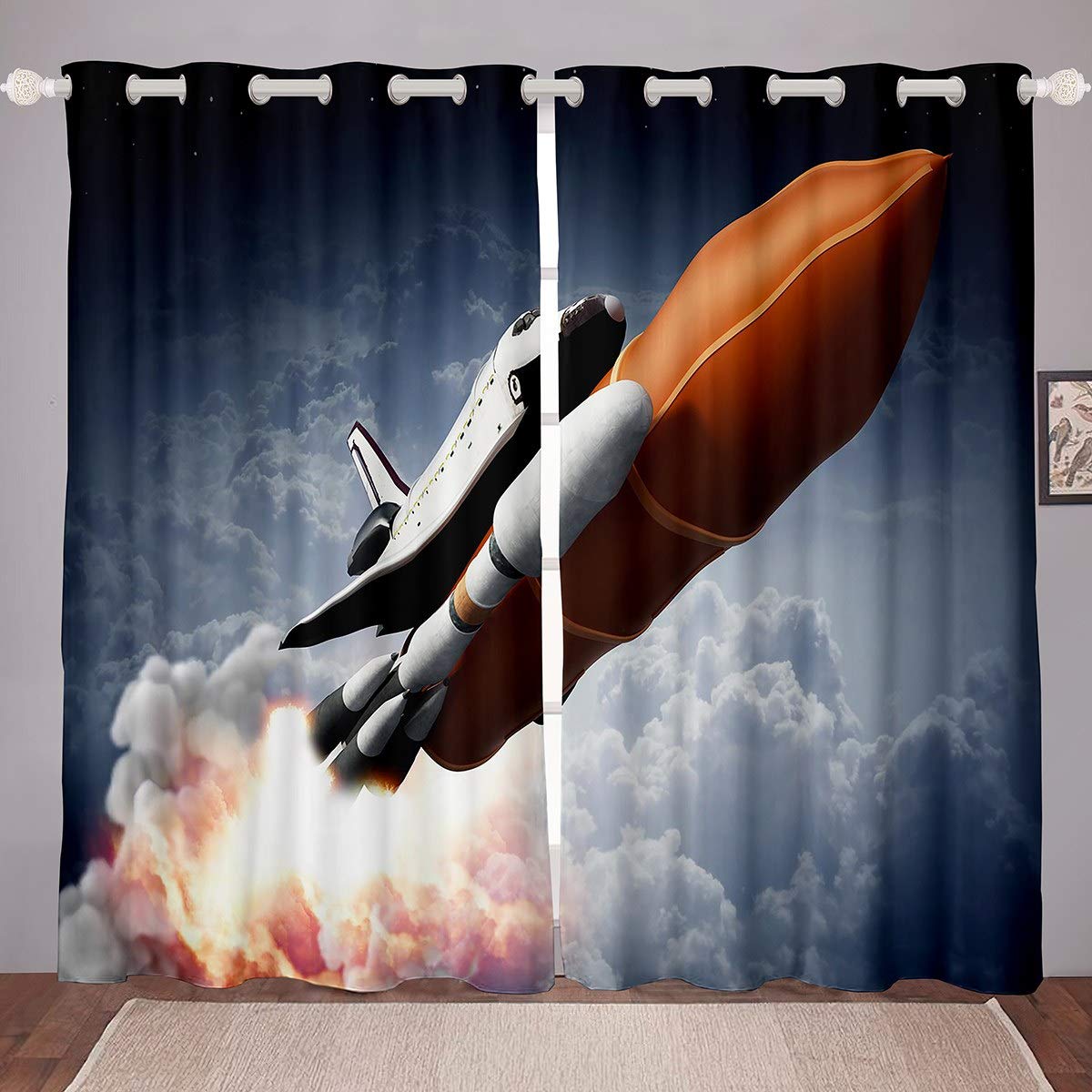 Astronaut Rocket Curtains for Bedroom Living Room Astronaut Curtains for Kids Boys Girls Space Rocket Print Windows Drapes Universe Planets Room Decoration,W46*L54 — image 1