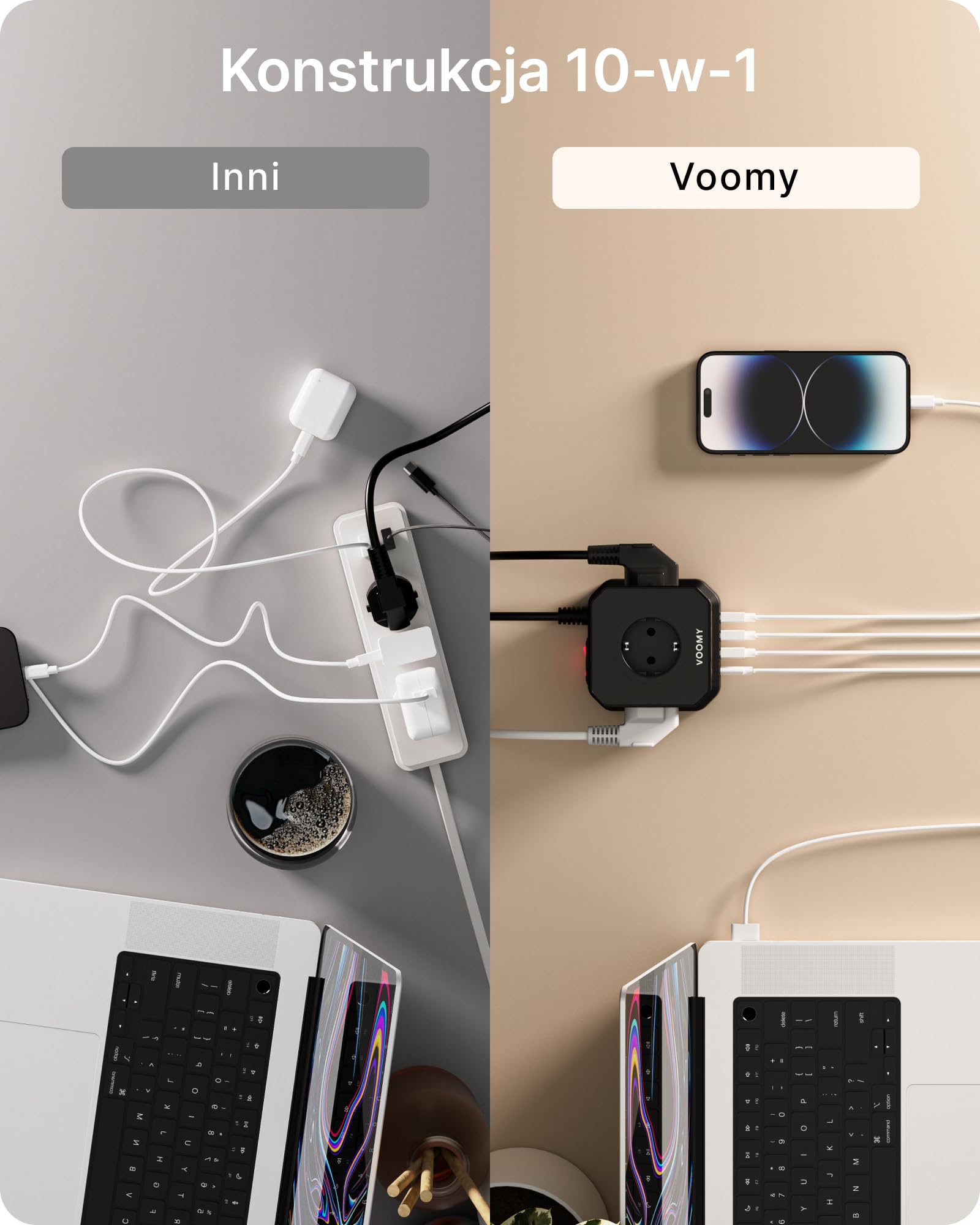VOOMY Listwa zasilająca USB do szybkiego ładowania, 65 W, 10 gniazd z przełącznikiem, do rodziny, kuchni i biura z 3 portami USB-C i 2 USB-A 2 m, 4000 W, czarna