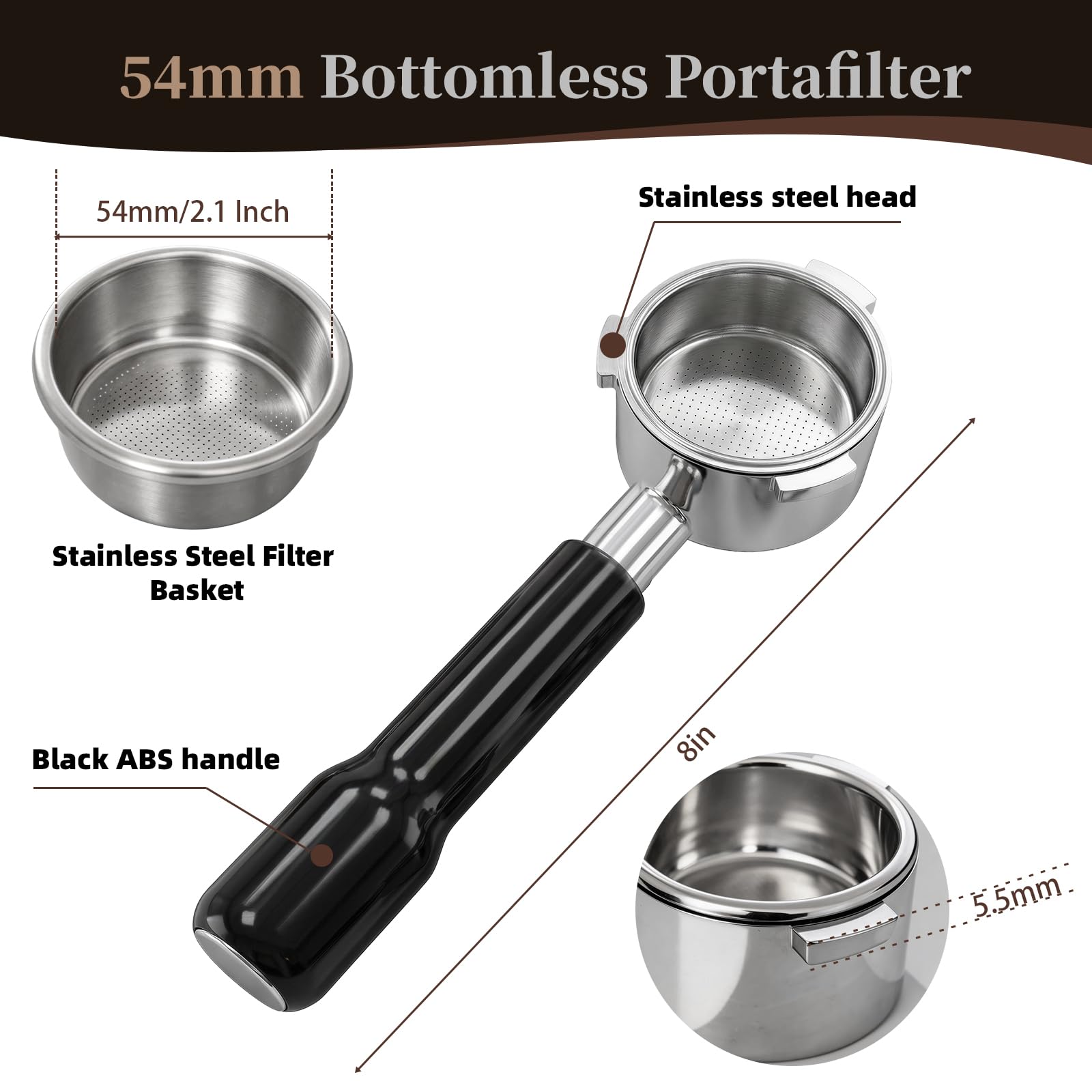 Condition photo showing New/Like New for 54mm bottomless portafilter, 3 ears espresso portafilter with 18-20g basket fit breville bambino barista bes870xl, bes450bss, bes876bss, bes880bss, 878bss, 500bss, 840xl express machines (black)