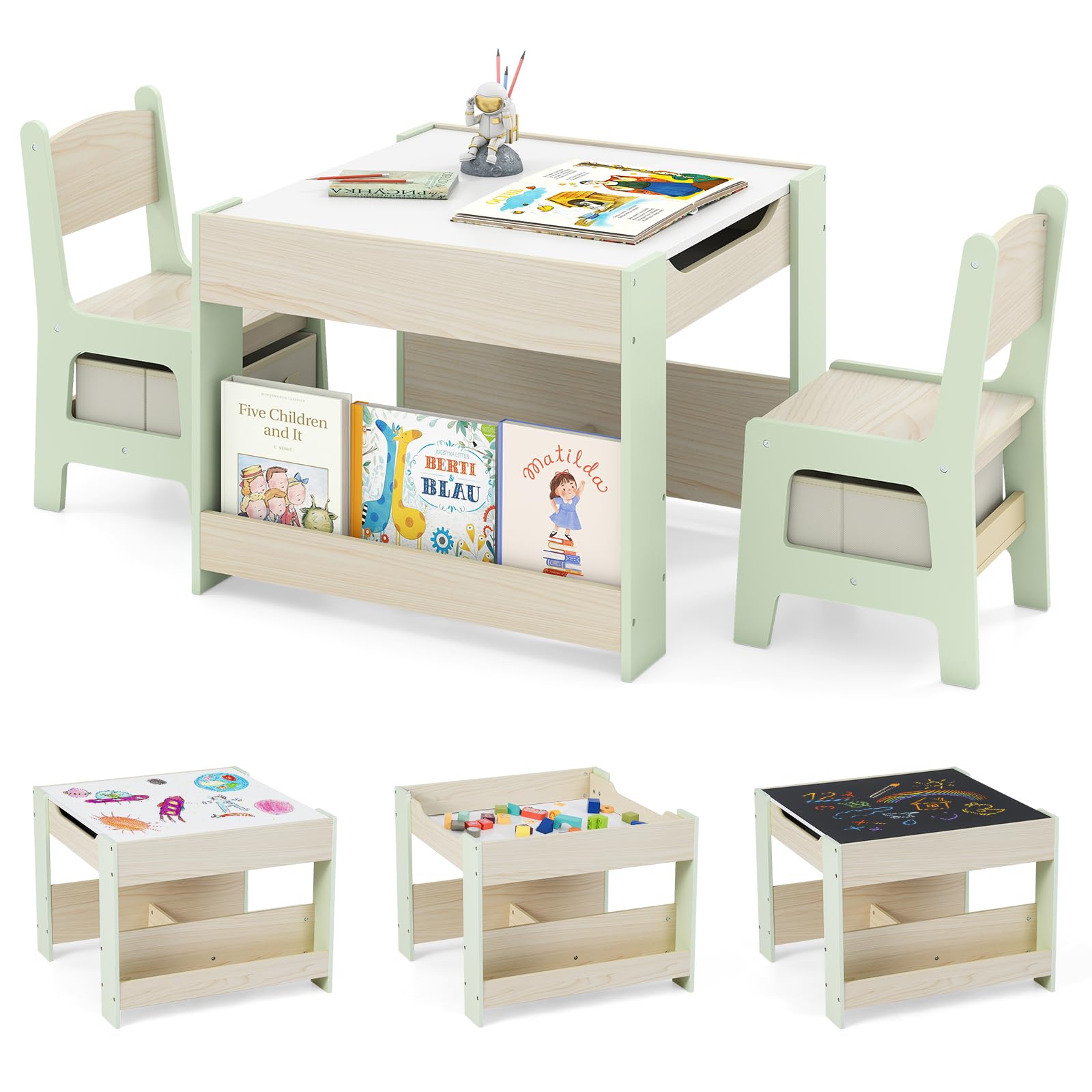 COSTWAY Kids Table and Chairs Set, Wooden Toddler Activity Tables with Reversible Tabletop, Bookshelves, Storage Bins, 3-Piece Children Furniture for Boys Girls (Green+Natural, 61x61x48cm) — image 1