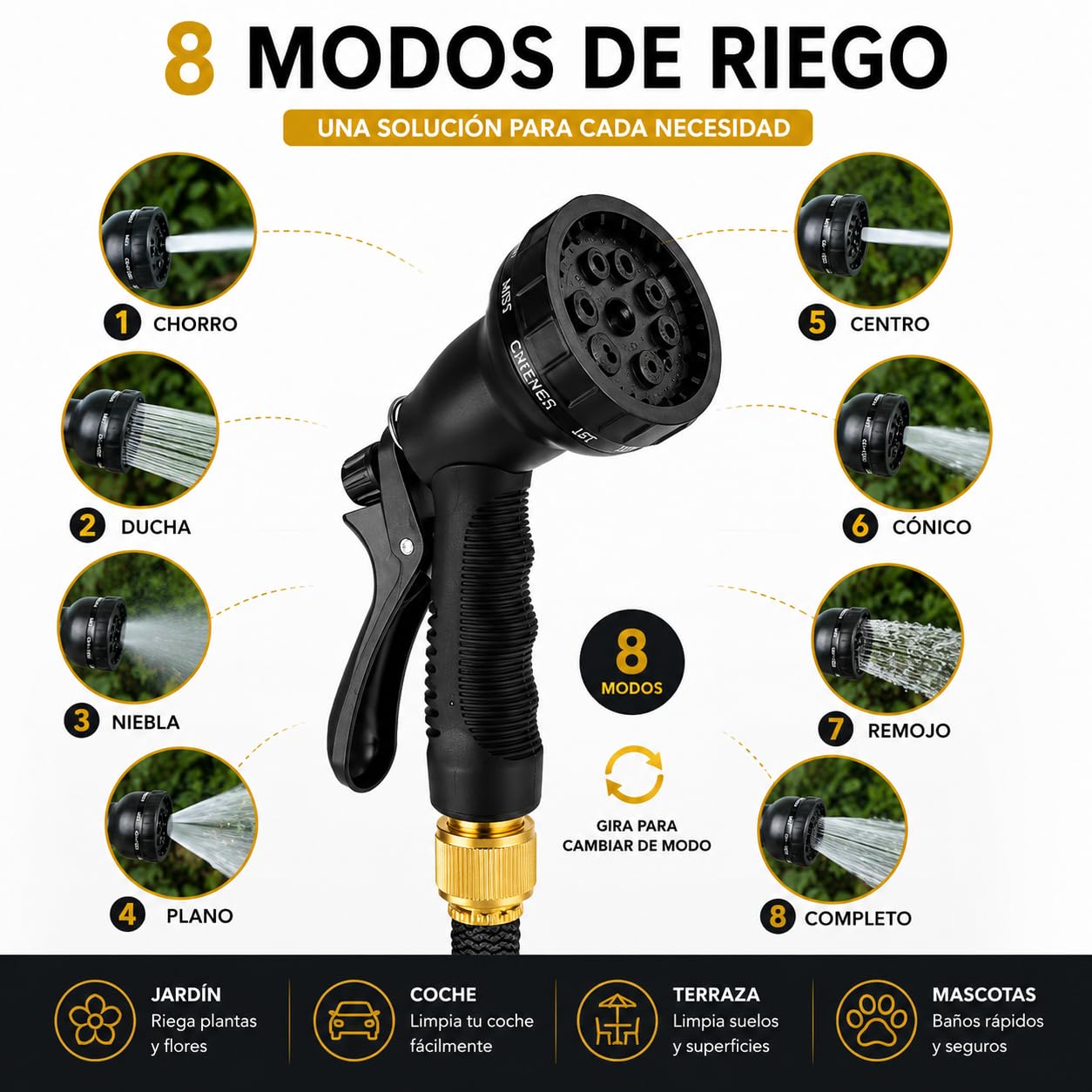 Manguera Extensible Jardín hasta 15 metros con Pistola de Riego Premium de 8 modos, Conectores de Latón 1/2 y 3/4, Resistente y duradeea. Manguera agua flexible Reforzada Antifugas Alta Presión
