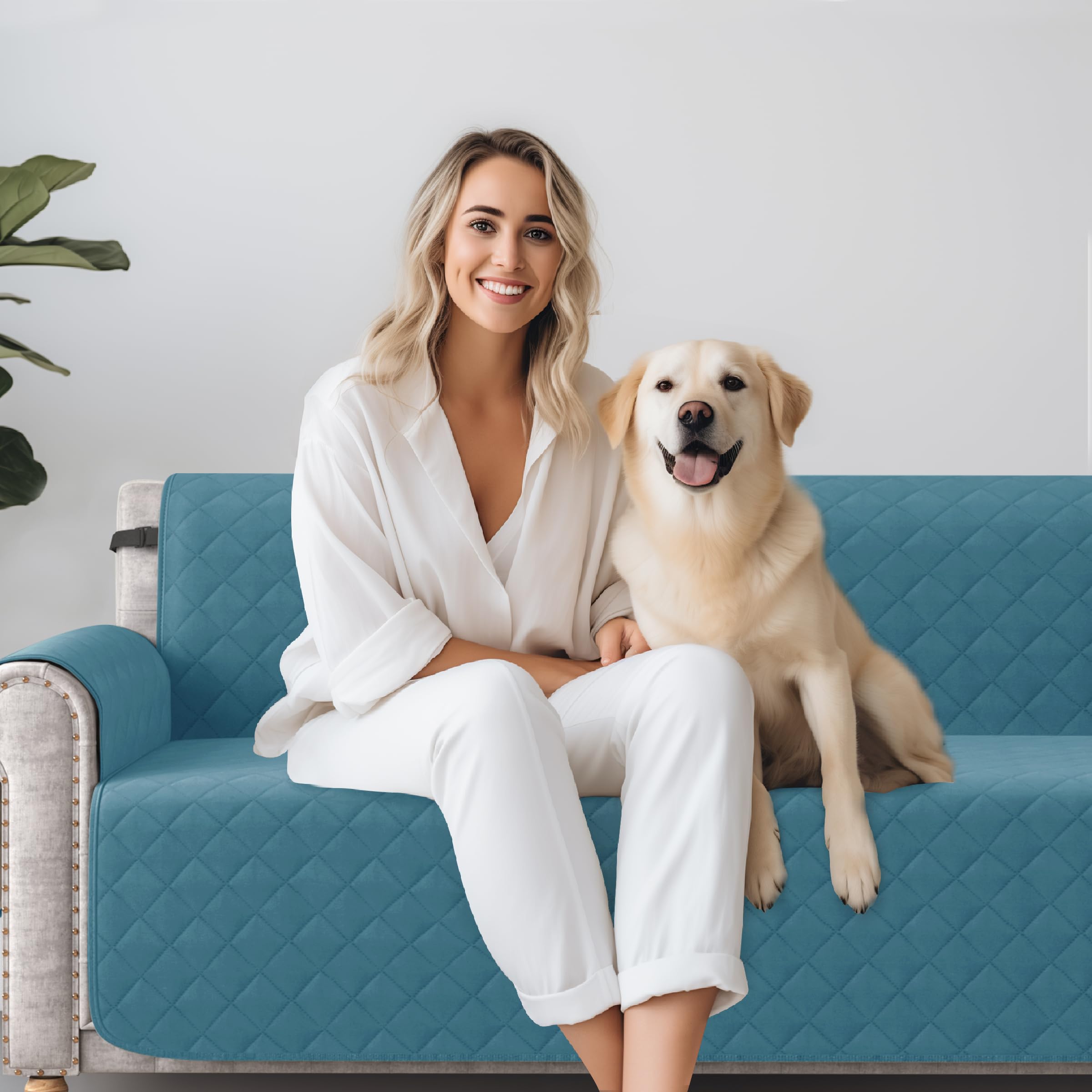 CHUN YI Loveseat Cover, Water Resistant Slipcover for 2 Cushion Couch, Reversible Washable Sofa Cover with Adjustable Strap Storage Pocket for Living Room Dog Pet (Loveseat, Teal)