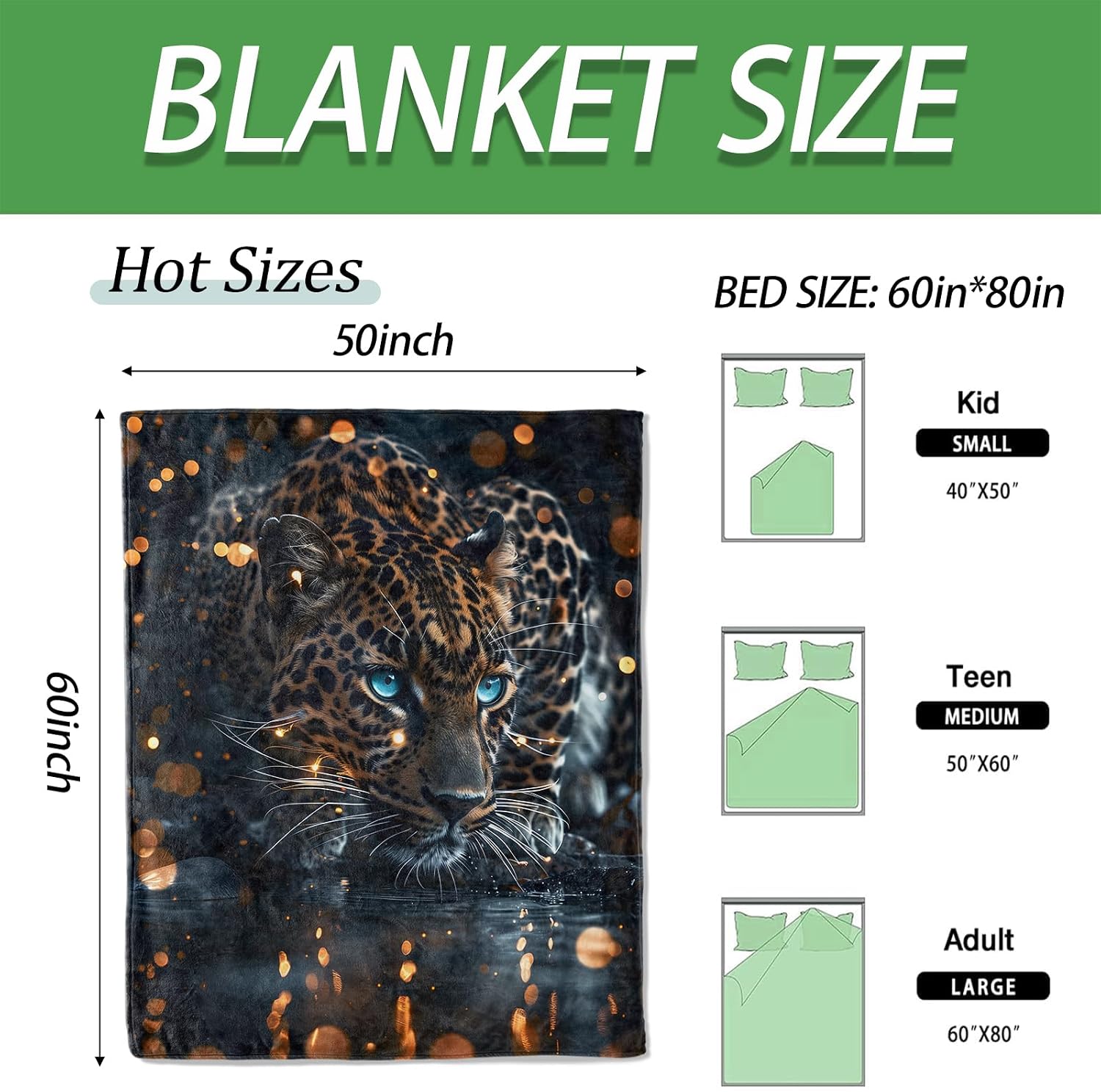 Leopard Throw Blanket, Warm Flannel Blankets Night Scene with Blue Eye Light Glow and Water Reflection, Wild Animal Decor and Gifts, Soft Cozy Throws, 50"X60" for Bedroom Couch Travel Office image 3