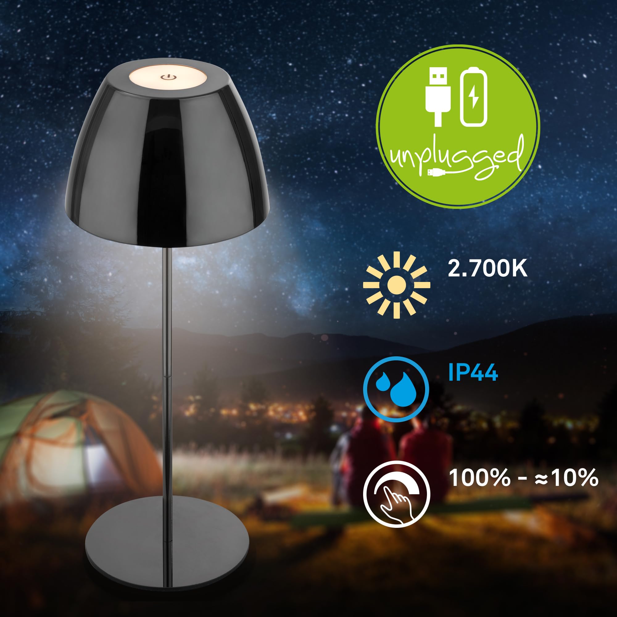 BRILONER - Lampada da tavolo LED senza fili IP44 con touch, dimmerabile, lampada da comodino, lampada ricaricabile, lampada da tavolo a batteria, da esterno, 13,5x36cm (DxH), nero-cromo