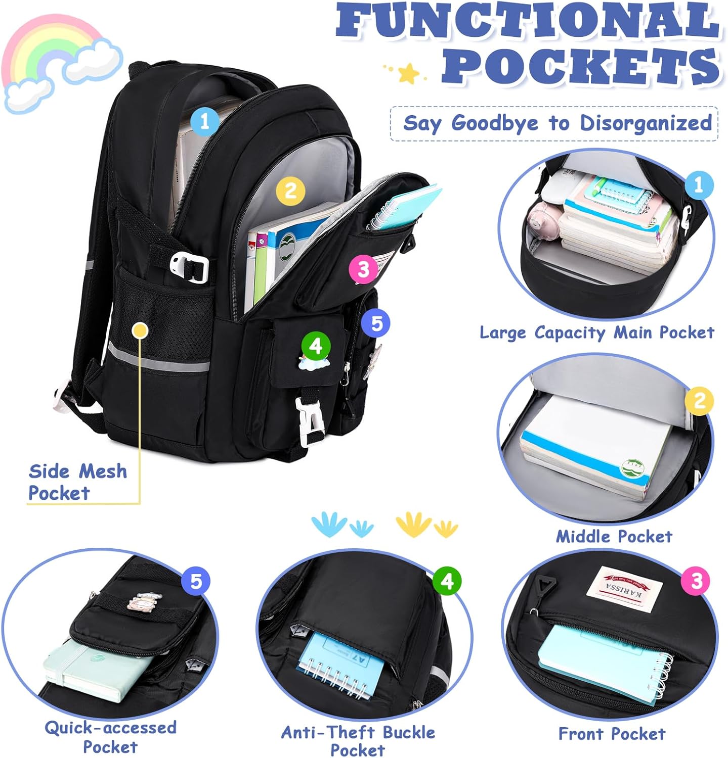 Kawaii Girls Backpack for School with Convertible Shoulder Tote Bag，Cute Teenage Multiple Pockets Backpack for Primary Elementary High School, Black 3 Pcs Set - Image 5