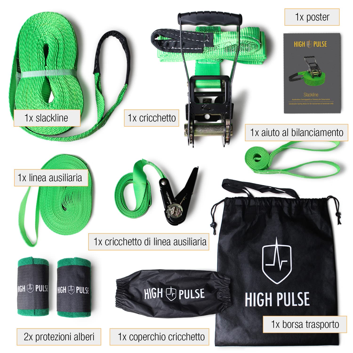 High Pulse Slackline kit 15m Set completo cricchetto protezione corda ausiliaria bilanciamento protezione albero borsa