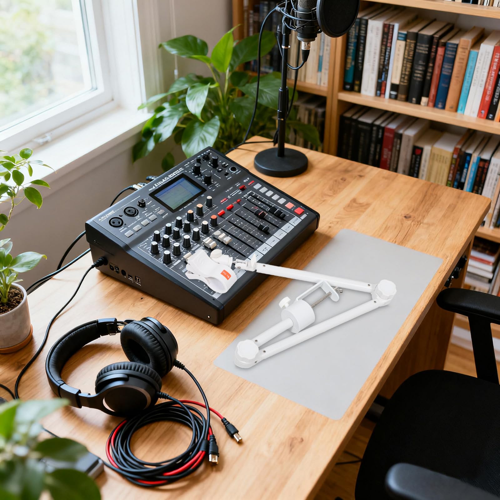 Soporte de brazo articulado para micrófono de escritorio, con abrazadera ajustable para streaming, canto y podcasts, rosca de 3/8'', brazo blanco, montaje en mesa.
