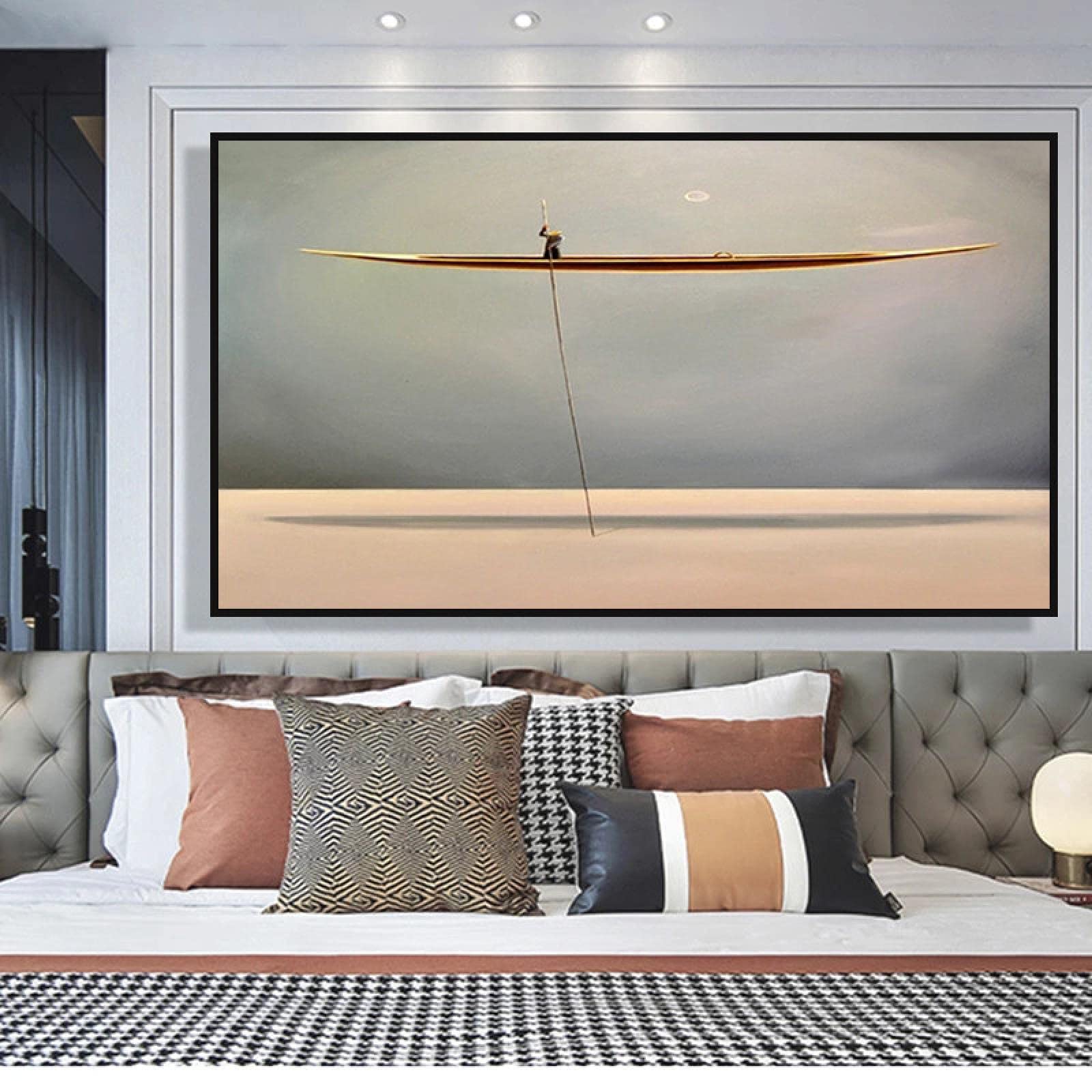KADING Goldenes Boot Rudern Leinwanddrucke Landschaft Meereslandschaft Leinwand Gemälde Einfaches nordisches Poster Moderne Wandkunst Dekoration Bild 75x100cm(30x39in) mit Rahmen