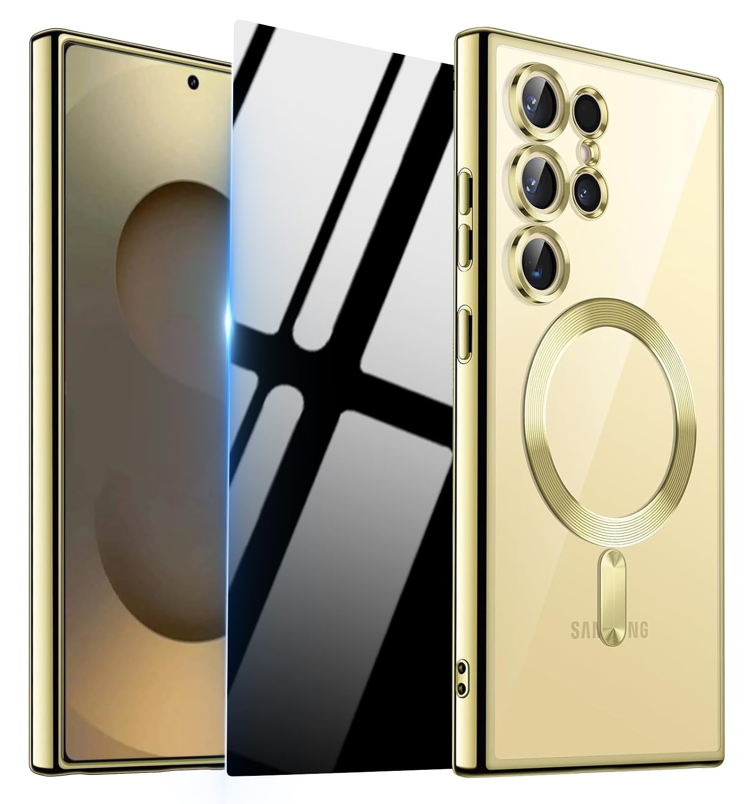 for Samsung Galaxy S25 Ultra 5G Case with Privacy Screen Protector,Clear Magnetic Phone Case with Camera Cover,Soft Shockproof Protective Cover for Galaxy S 25 Ultra,Gold