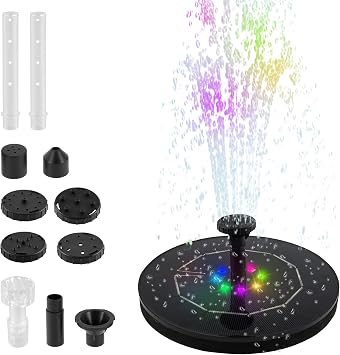 2024 Upgraded Solar Fountain Pump, 2.5W Solar Powered Water Feature with 8 Nozzles, DIY Solar Water Fountain Kit with LED Light,Floating Solar Water Pond Pump for Fish Tank Bird Bath Round A