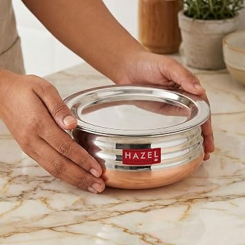 HAZEL Copper Bottom Uruli with Lid | Stainless Steel Urli Vessel for Cooking | 1000 ML Steel Kitche Cookware
