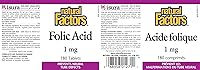 Vista 2 de Ácido fólico 1 mg (180 tabletas) Marca: Natural Factors