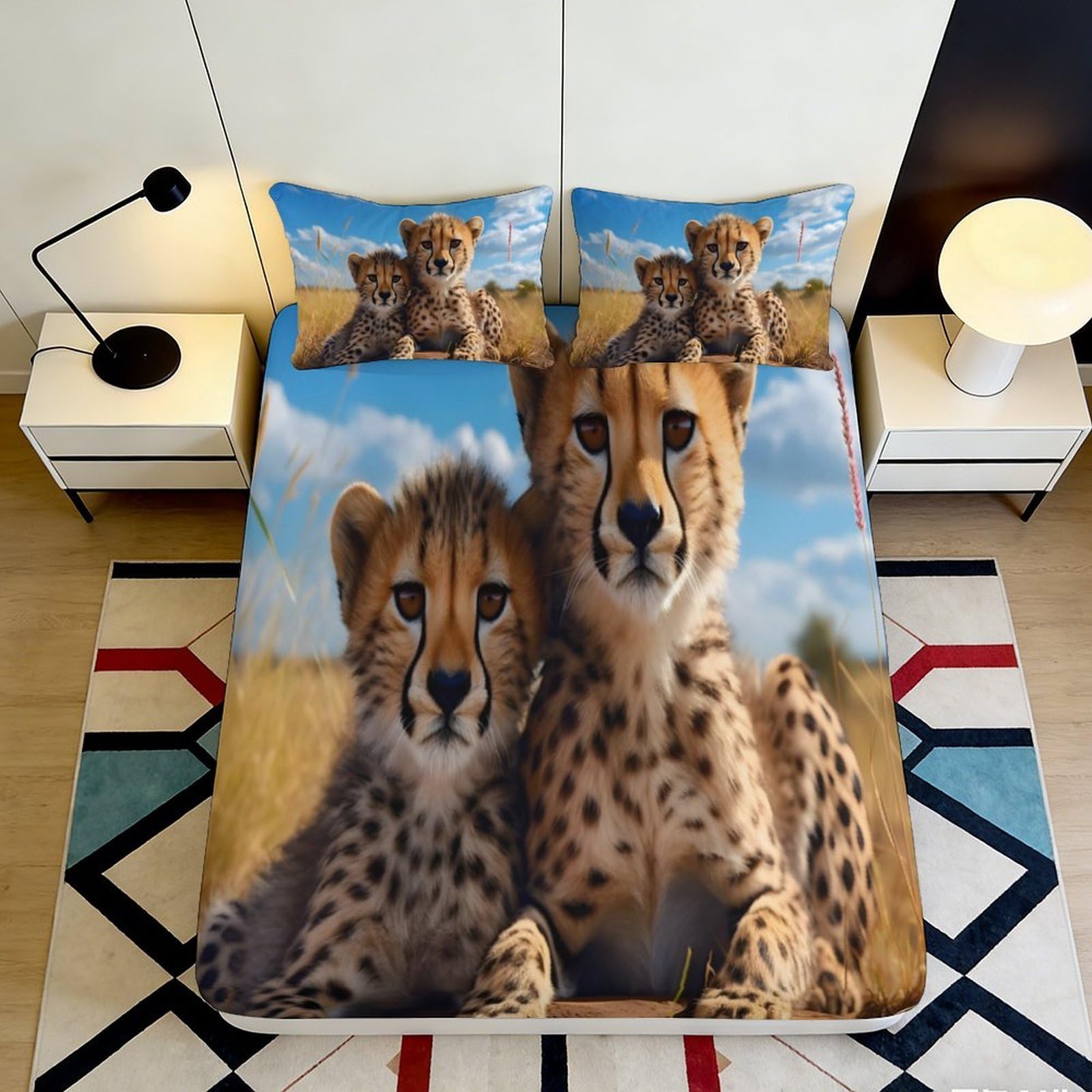 3D Printed Cheetah Pattern Fitted Sheet Microfiber Soft Breathable Wild Animal Mattress Cover for Bedroom Dormitory Guest Room Protection Decor 200x200x25cm