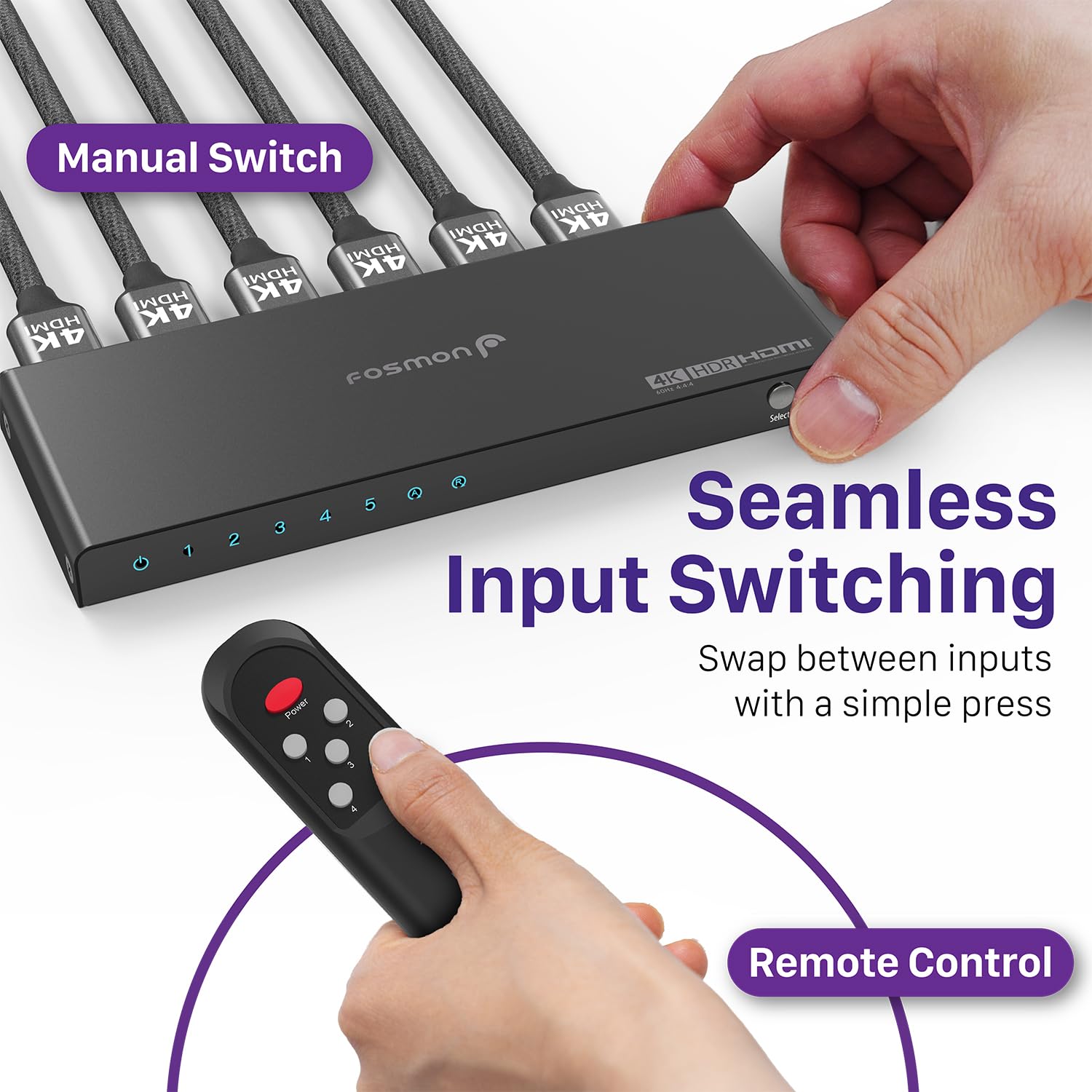 Fosmon Switch HDMI 4K 5 Porte con Telecomando, 4K@60Hz HDCP 2.2 18Gbps, Commutatore HDMI 2.0 Auto 5 in 1 Uscita Hub compatibile con PS5, Xbox X|S, Apple TV, DVD, Laptop PC, Monitor
