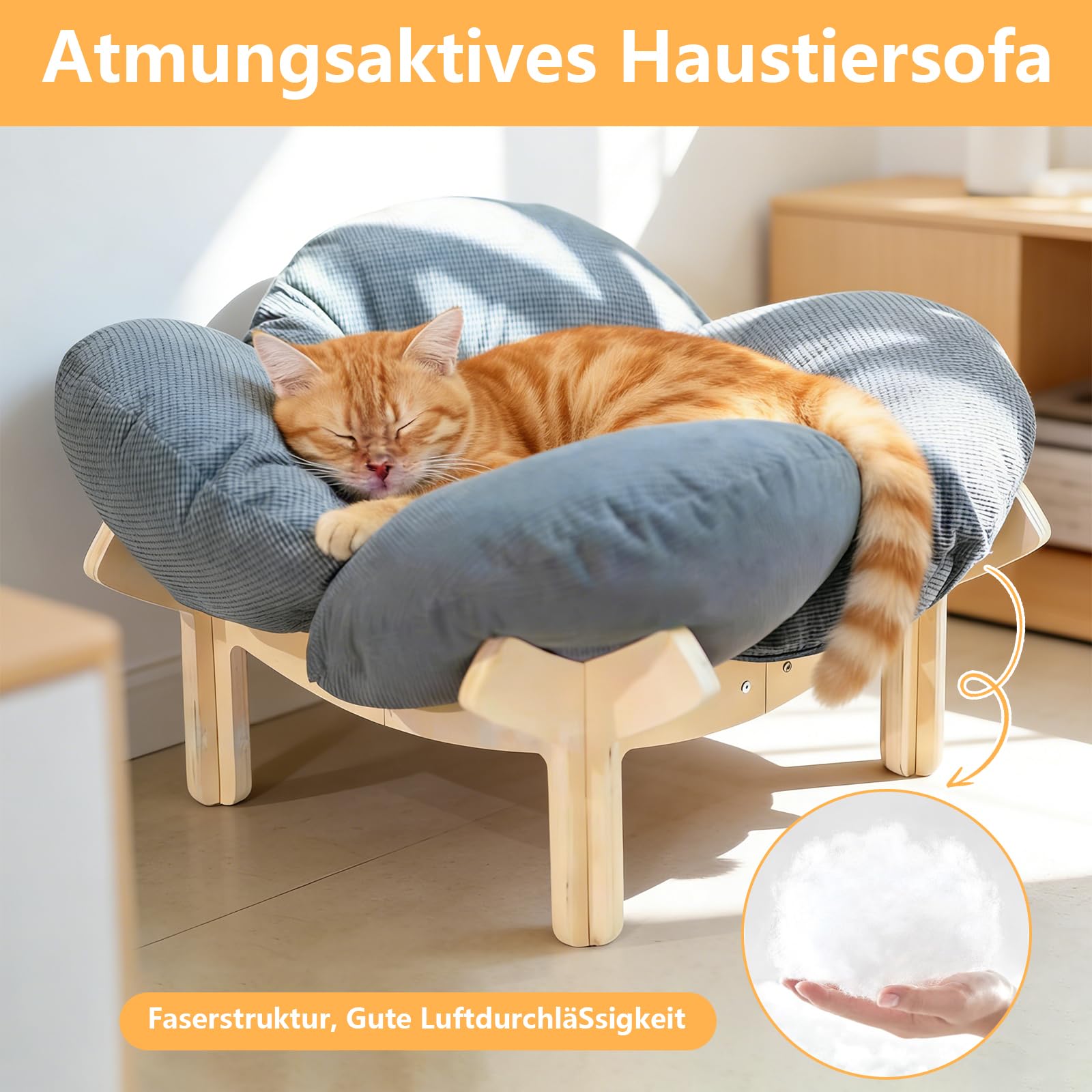 Erhöhtes Katzenbett aus Holz, Flauschiges Katzensofa in Blumenform, Katzenkissen mit waschbarem & Holzrahmen für kleine Katzen, Hunde, Katzenmöbel, 55L x 55W x 32H cm