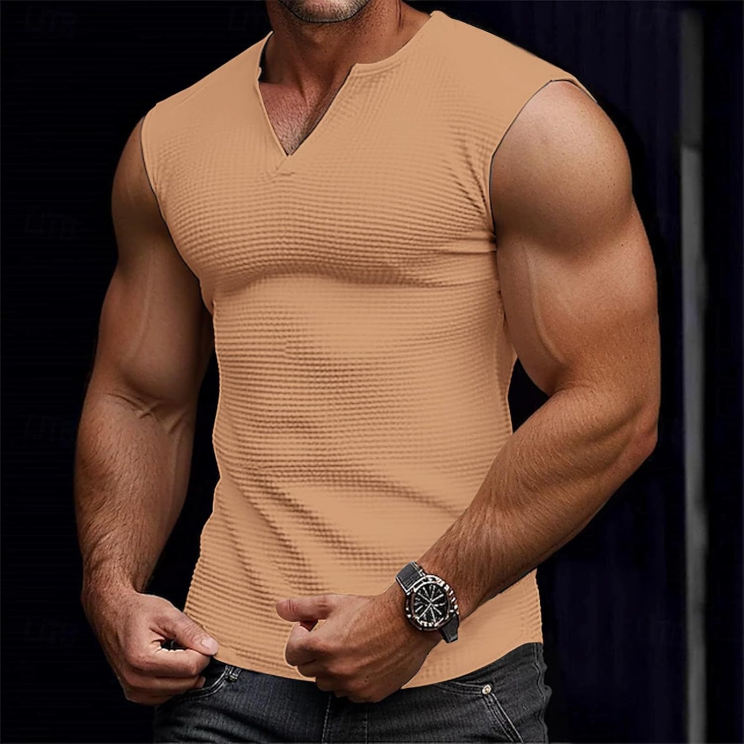 Men's V-Neck Waffle Knit Tank Top – Slim Textured Muscle Tank for Summer, Gym Workout & Casual Wear