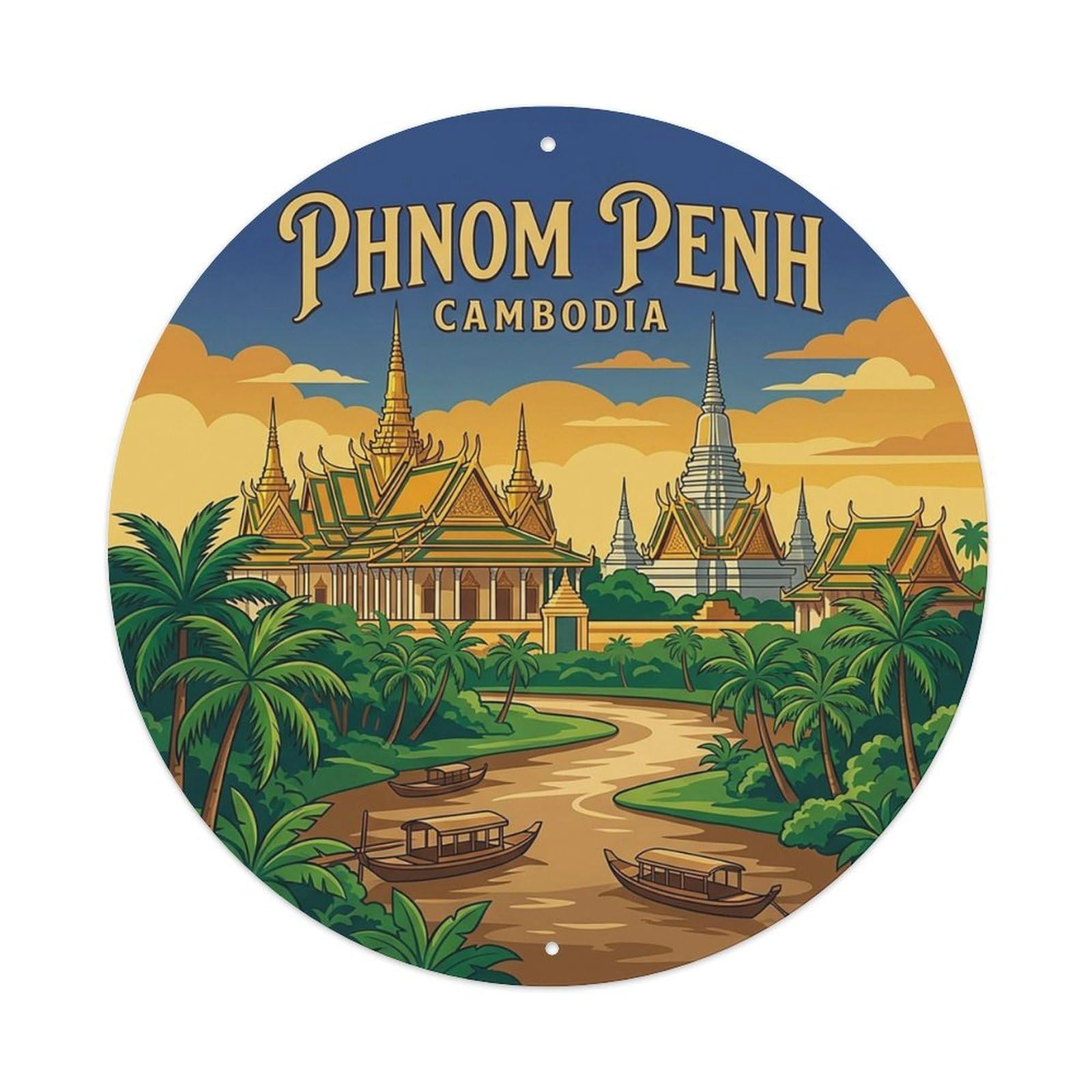 Vintage Travel Cambodia Phnom Penh Vintage Metal Tin Sign Plaque Wall Decor for Cafe, Club Bar, Office, Garden Metal Poster 8x8Inch