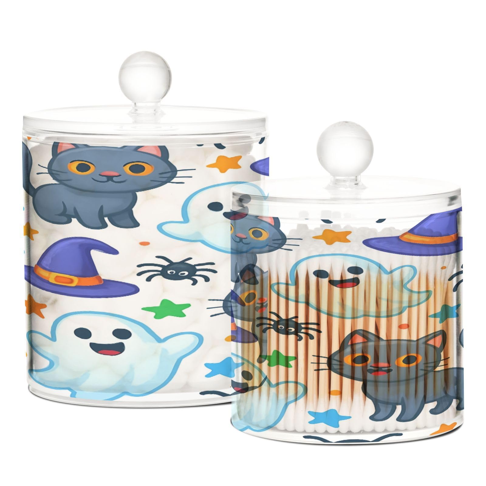 BOESI Bathroom Organizer Set of 2, Cotton Swab Caddy with Lid Dispenser, Cute Halloween Ghost and Cat