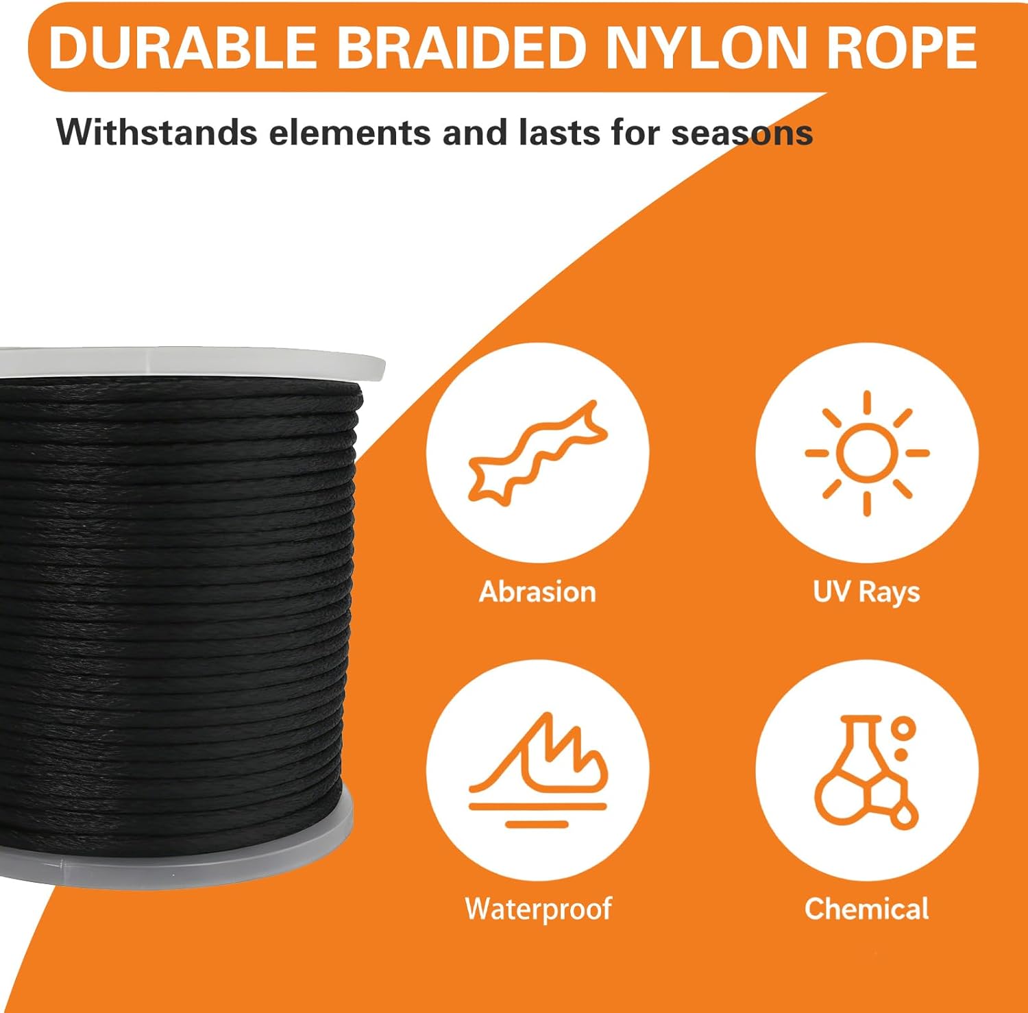 1/4 Inch Nylon Solid Braided Rope 500Ft, Wearproof, high UV & Abrasion Resistant, Multipurpose Rope for Swings, Marine and Outdoor Twine, Flag Line, Dog Leashes, Clothes Line-Black