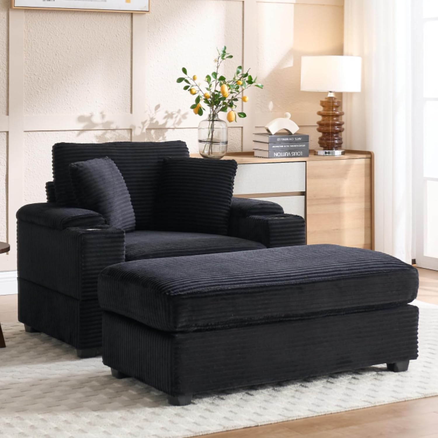 KEIKI Oversized Accent Chair with Ottoman, Chaise Lounge Chair Indoor with Handrail Storage, Cupholders, Oversized Sofa Bed, Deep Seat Sleeper Couch Reading Chairs for Living Room, Black