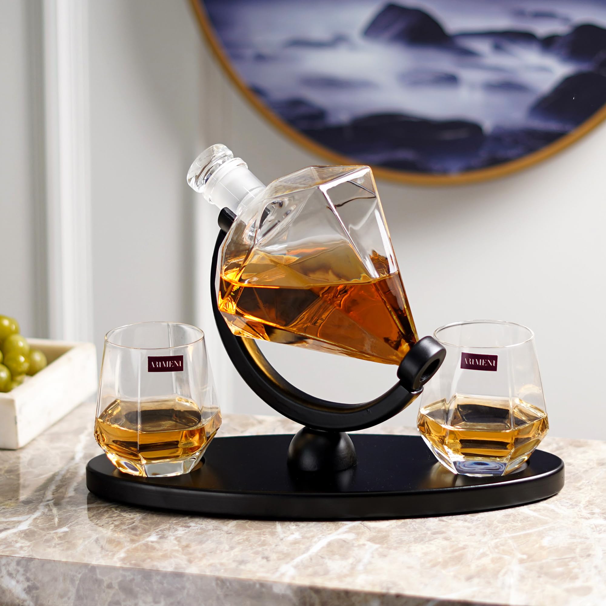 The Artment Savant Diamond Whiskey Decanter Set - Stylish 1 Decanter & 2 Pcs Glass & 1 Stand Set | Perfect for Whiskey, Scotch, Wine, Vodka, Tequila, Rum (4 Piece)