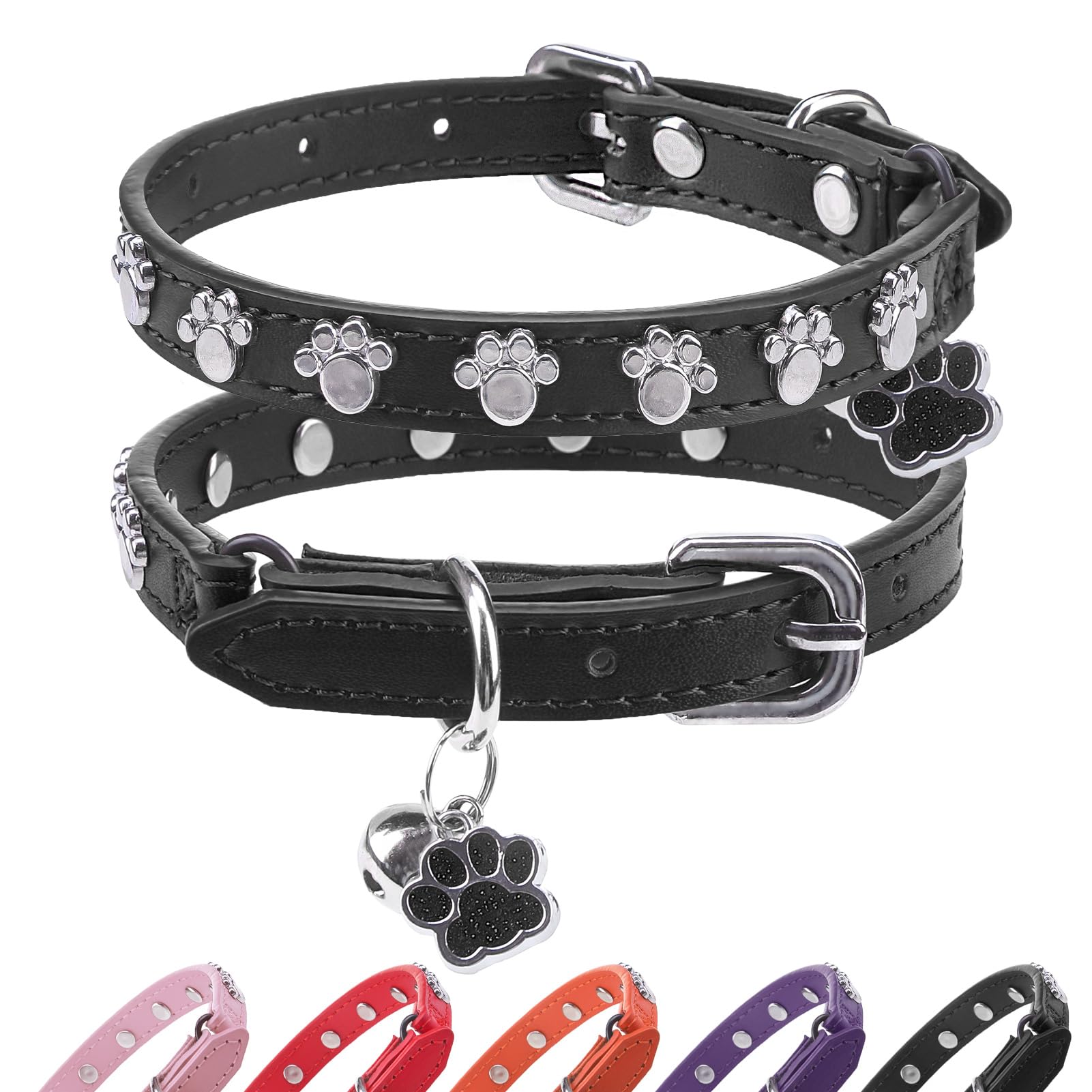 SCENEREAL Leather Cat Collar with Bell and Rivet, Personalized Stud Pet Collars with Safety Elastic Belt and Cute Paw Charm, Adjustable Soft Kitten