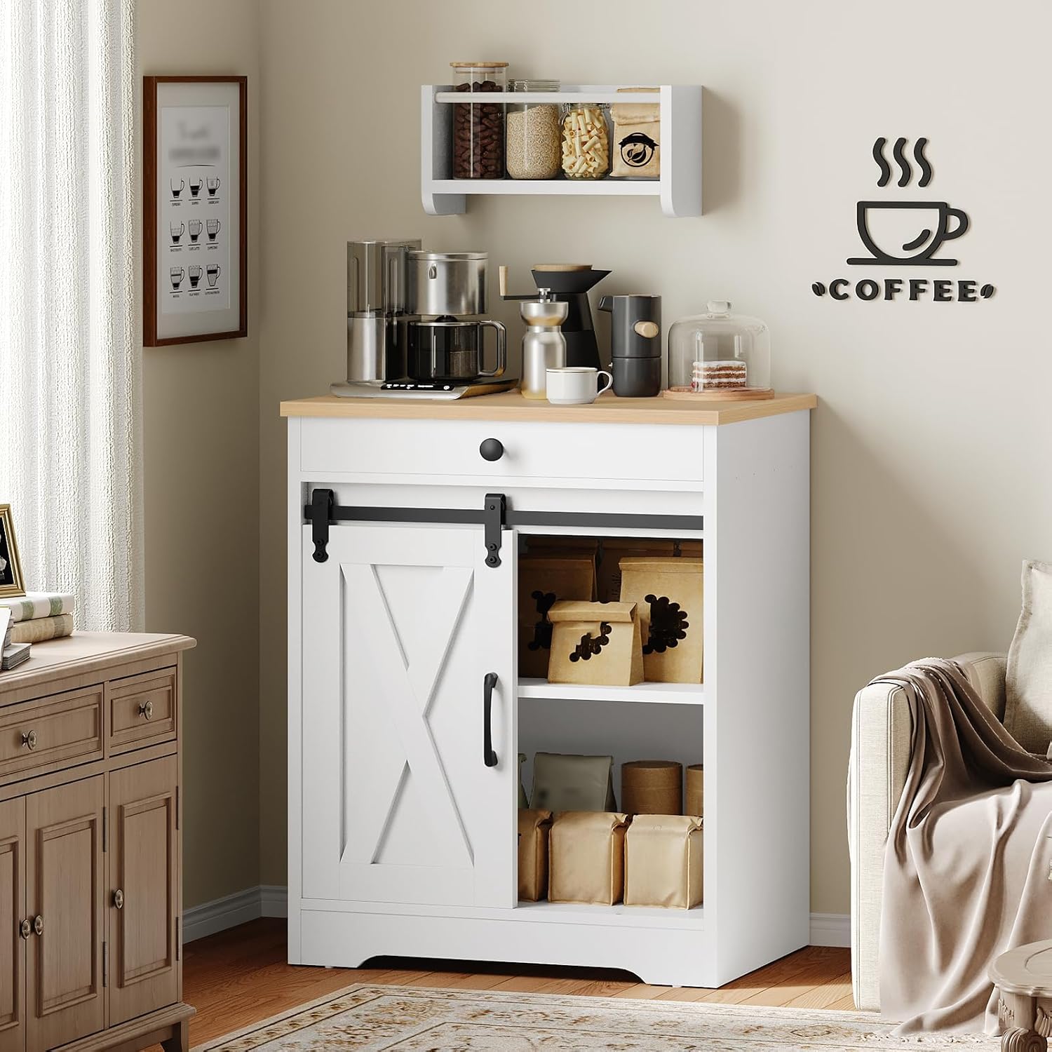 YATINEY Coffee Bar Cabinet, Sideboard Buffet Cabinet with Storage | Farmhouse Kitchen Island with Pod Drawer, Barn Door Design, Adjustable Shelf, for Restaurant, Living Room, White and Natural