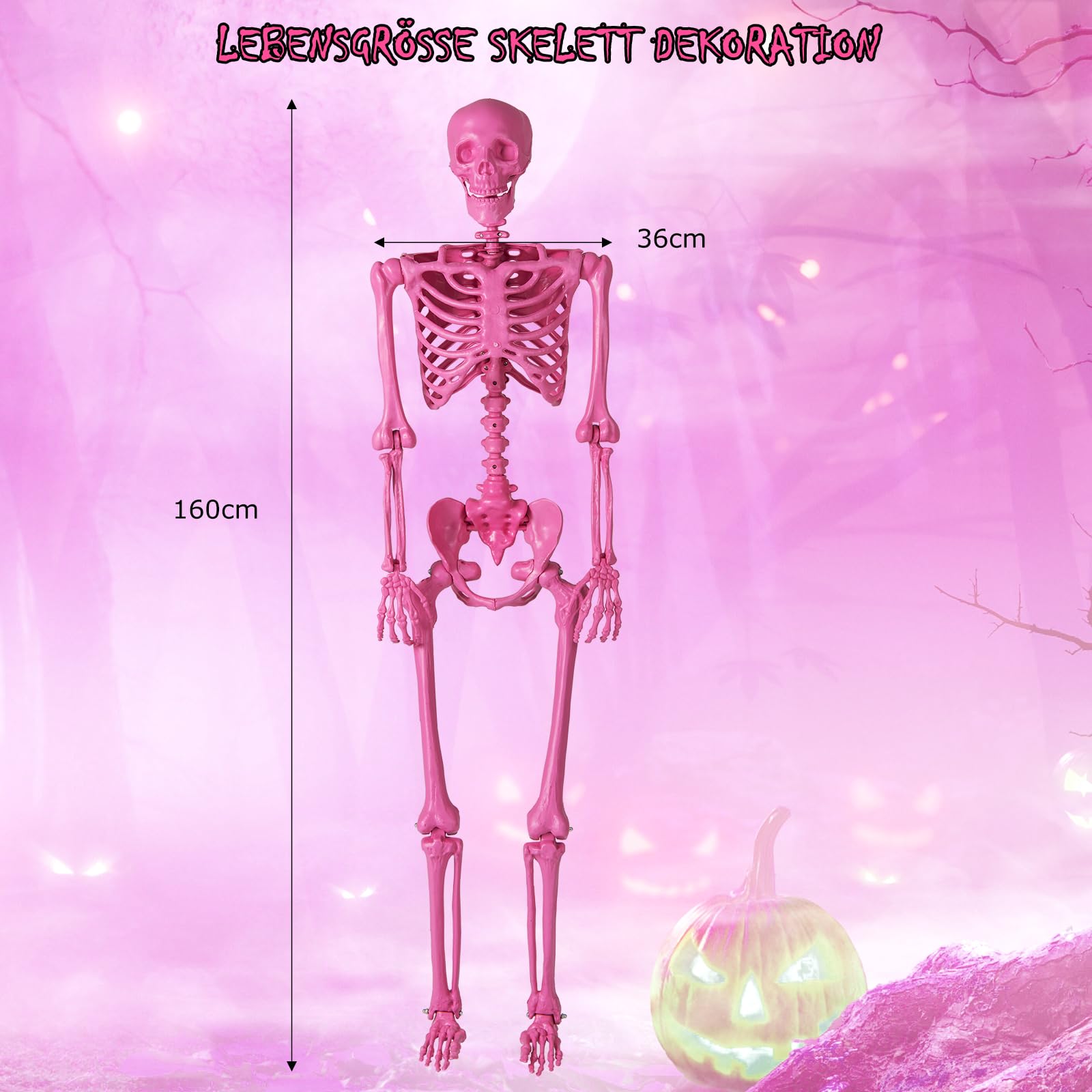 GYMAX 160 cm Halloween Skelett, lebensgroßes Bewegliches Skelett mit 8 Gelenken, Halloween Deko für Innen & Außen, als Skelett-Dekoration für Friedhofspartys & Spukhaus-Partys (Rosa)