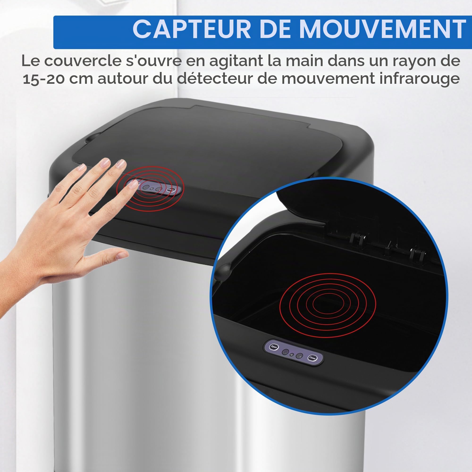HOMCOM 20L Poubelle à Capteur Automatique Acier Inox 33x25x42,5cm