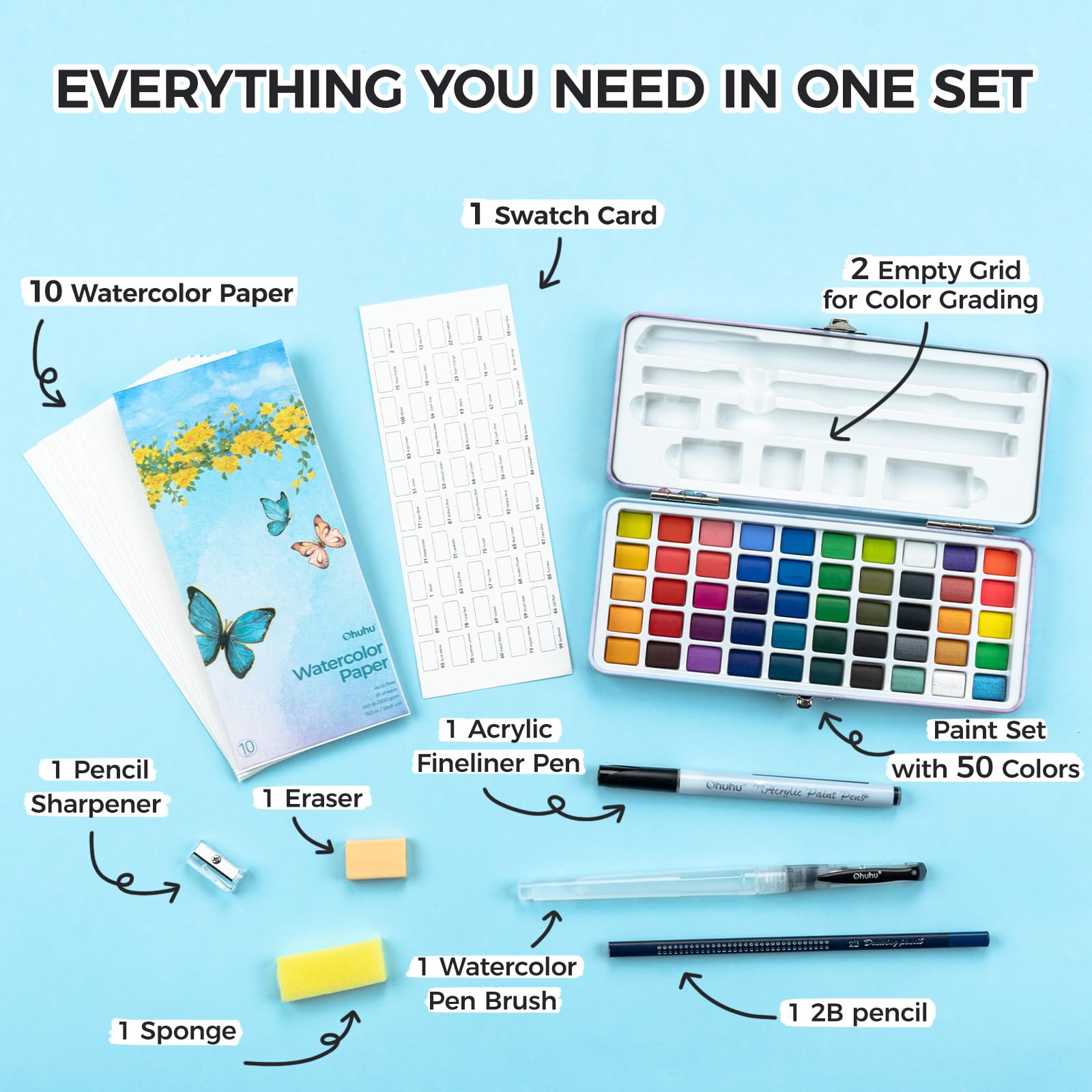 Ohuhu Set di pittura ad acquerello 50 colori, scatola portatile con carte, pennelli e acrilico, pastelli a olio, pittura per viaggio all'aperto