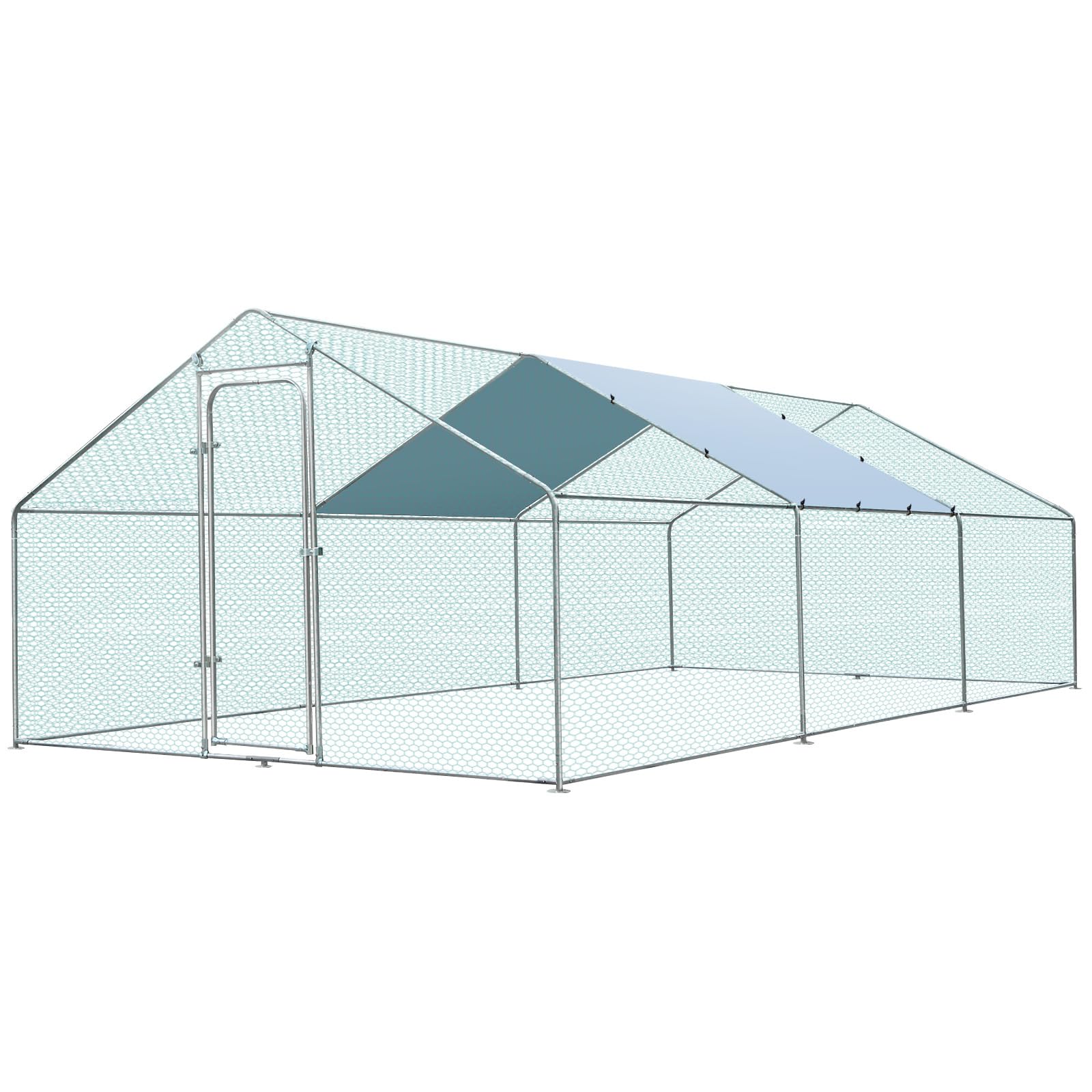 Pmango Walk-in Chicken Coop for 30-35 Chickens, Large Metal Chicken Run, Chicken Pen Outdoor W/Cover, Waterproof & Anti-UV, 19.7' D x 9.8' W x 6.4' H,