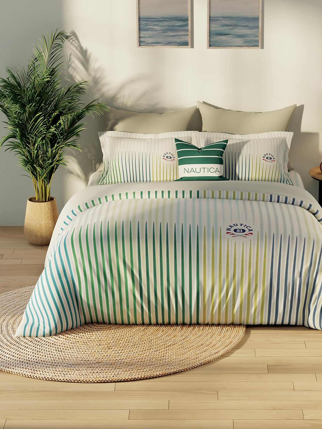NAUTICA Luxurious 100% Egyptian Satin Cotton King Bedsheet with 2 Pillow Covers -3pc Set (Royal Cove 400) | 500 TC | Extra Soft Feel Stripe-Blue/Green-image-43