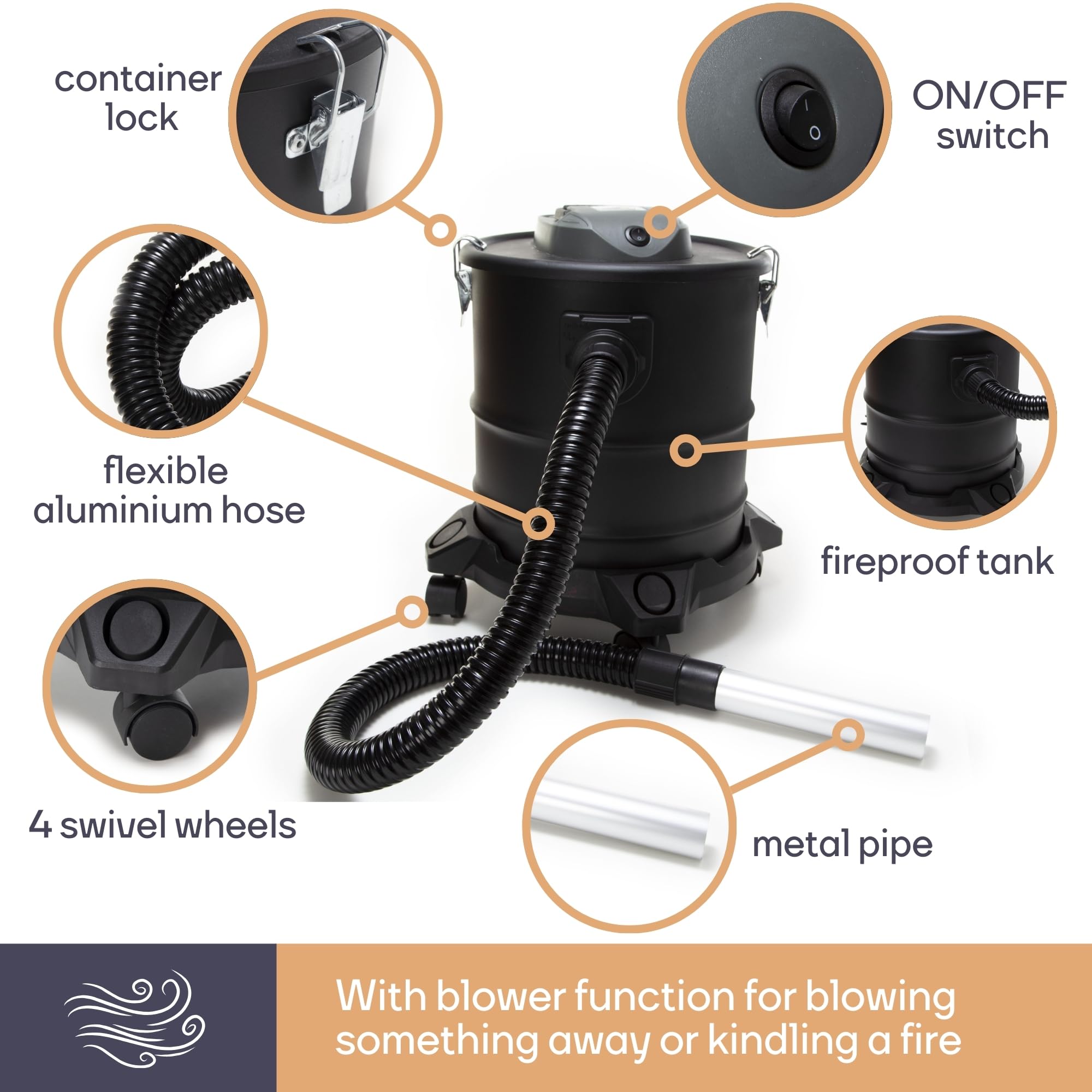 Perel Aspiracenere 1200 W, 20 L, filtro HEPA, funzione soffiante, base con ruote, per cenere fredda, camino, stufa, barbecue