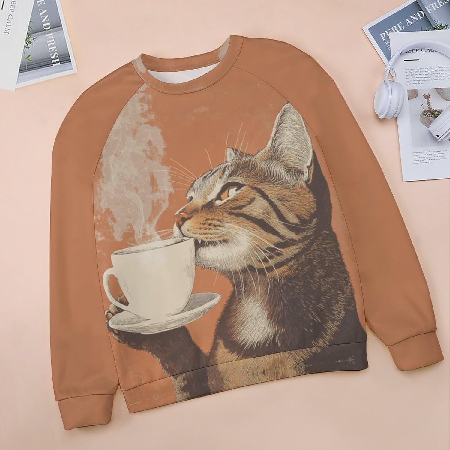 Cat With Coffee Cup Sweatshirt Pullover Fall Fashion Lightweight Casual Funny Print Novelty Warm Lounge Sweater - Image 3