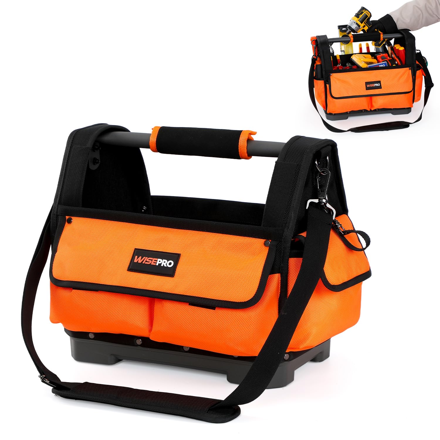 WISEPRO 15 Inch Tool Tote, Open Top Tool Bag with Waterproof Hard Bottom, Steel Handle and Removable Shoulder Strap, Electrician Tote Bag for Easy Access Storage and Organization