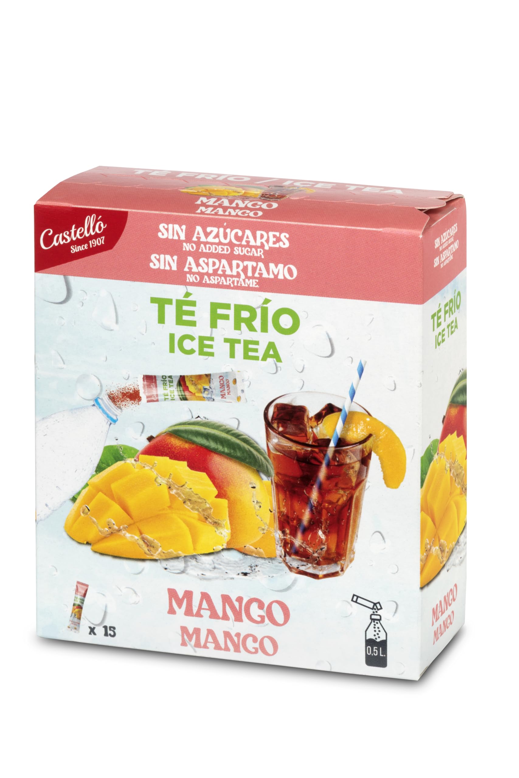 Castello since 1907 Té Frío (Ice Tea - Iced Tea) Zero & Instantáneo | Mango | 15 sobres | 1 sobre = 500 ml de Té | 0 Calorías | 0 Azúcar | 0 Aspartamo