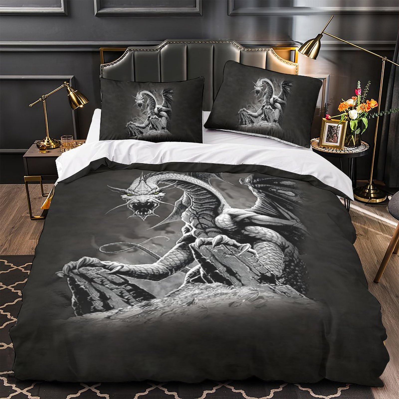 Housse de couette dragon 3D anti-plis en microfibre douce avec zip