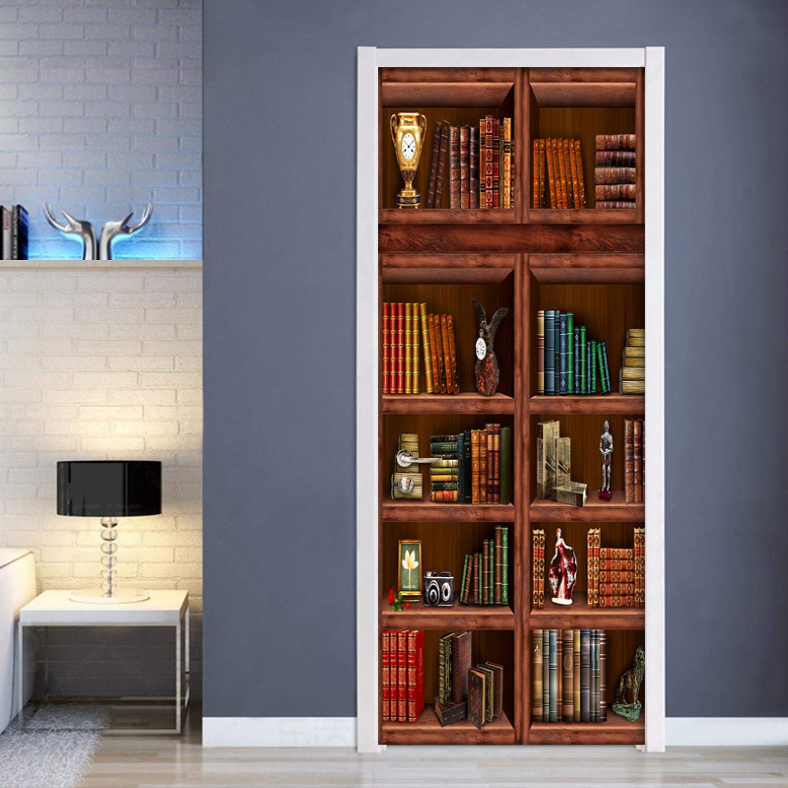 FLFK 3D Retro Boekenkast Zelfklevende Deur Poster Muurschilderingen Sticker Slaapkamer Behang Home Decor 30.3x78.6 inch