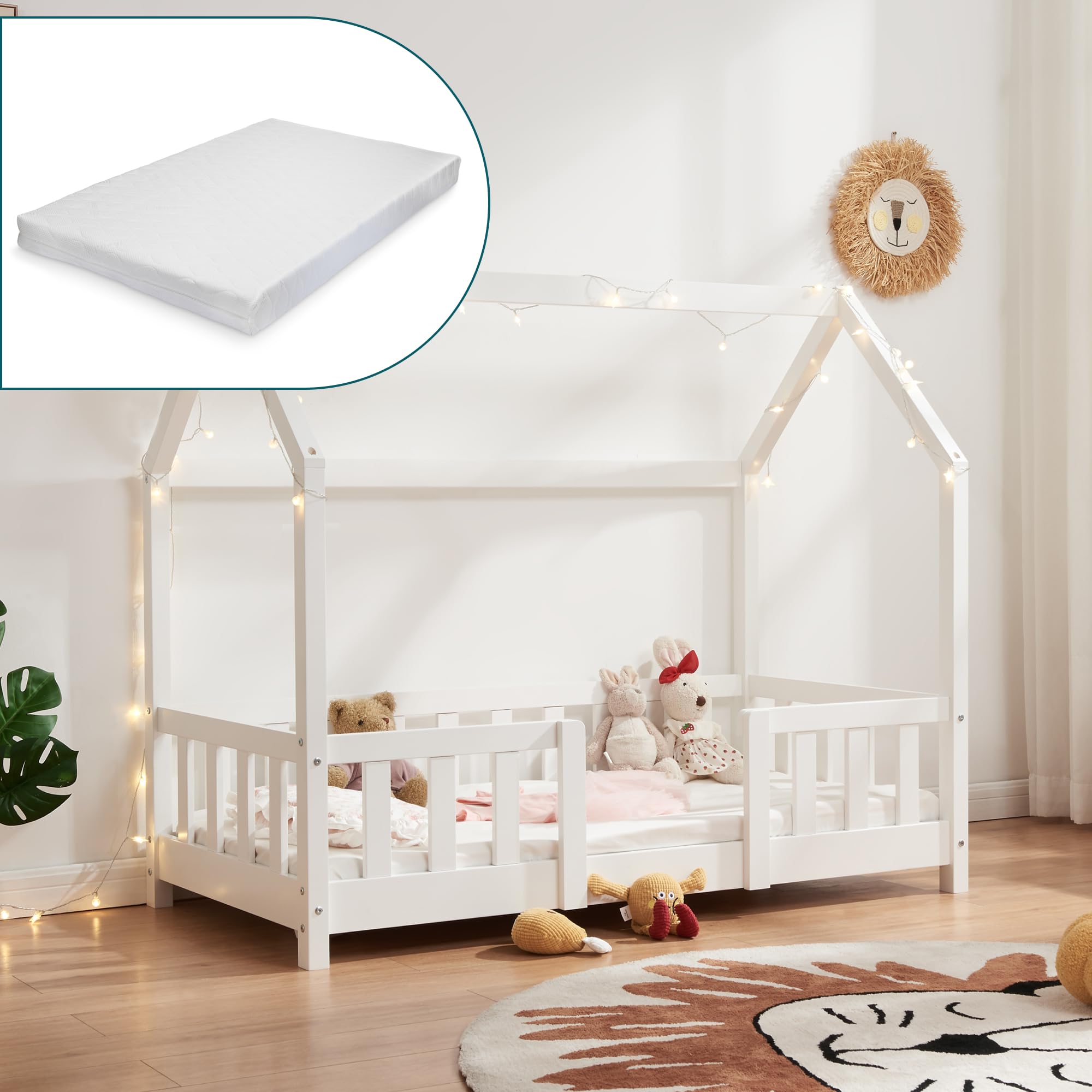 [en.casa] Kinderbett Sisimiut mit Matratze 70 x 140 cm Hausbett Montessori mit Rausfallschutz Holzbett für Kinder Bodenbett Lattenrost Kiefernholz Weiß