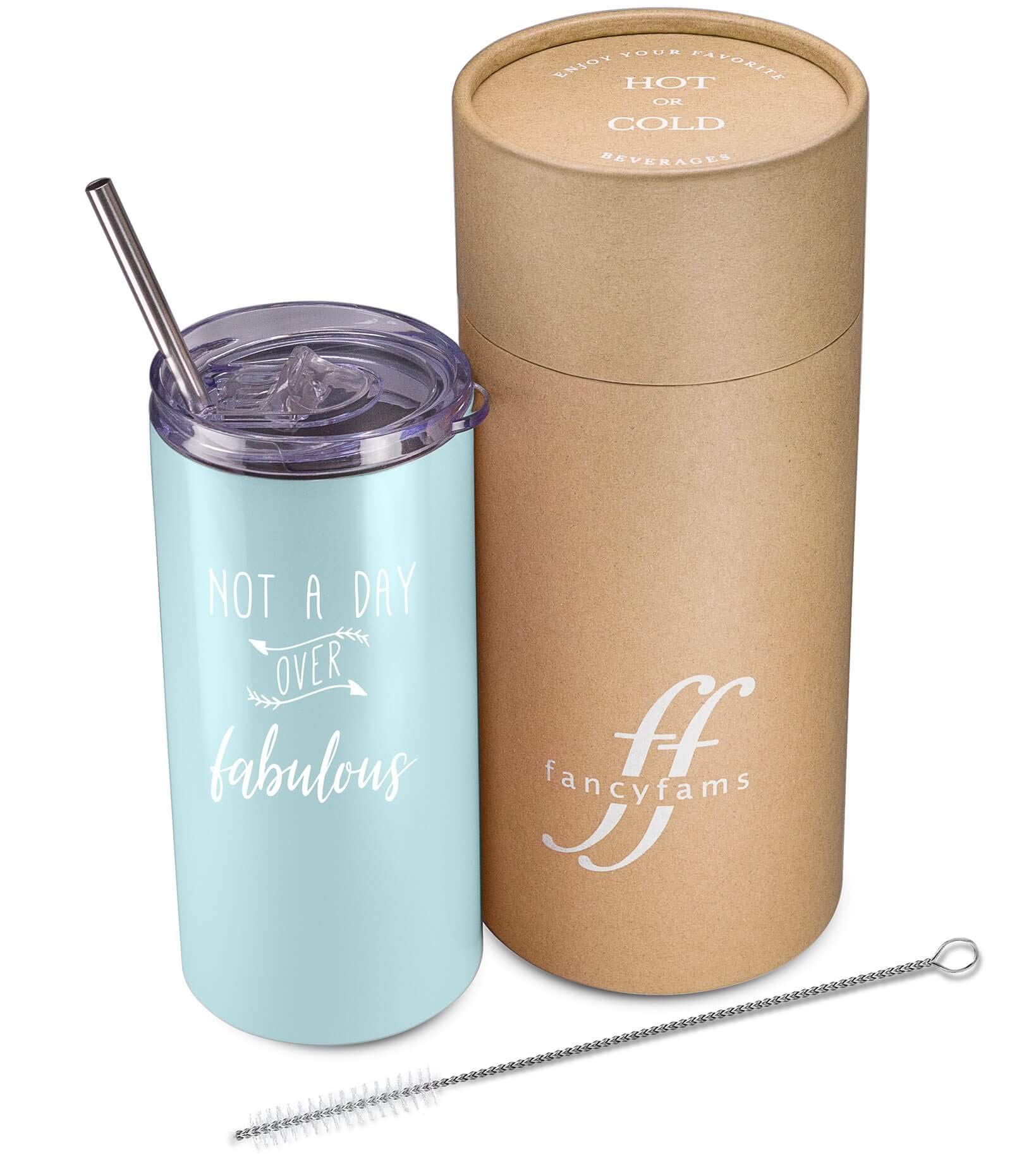 Not A Day Over Fabulous - Fancyfams –14 oz Insulated Tumbler with Lid and Straw Birthday Gifts for Women (Blue)